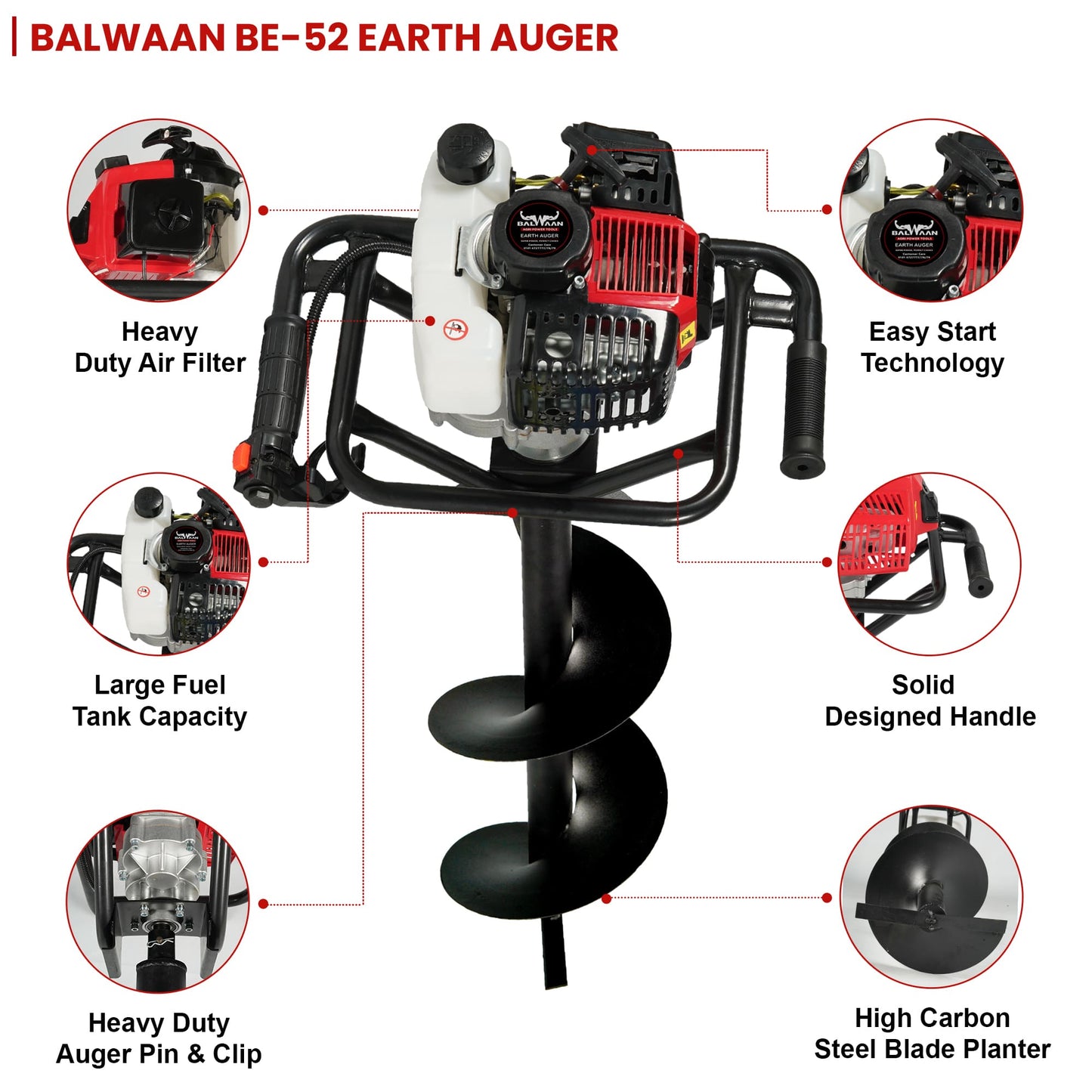 Balwaan 52cc Earth Auger with 8 Inch & 12 Inch Planter| BE-52