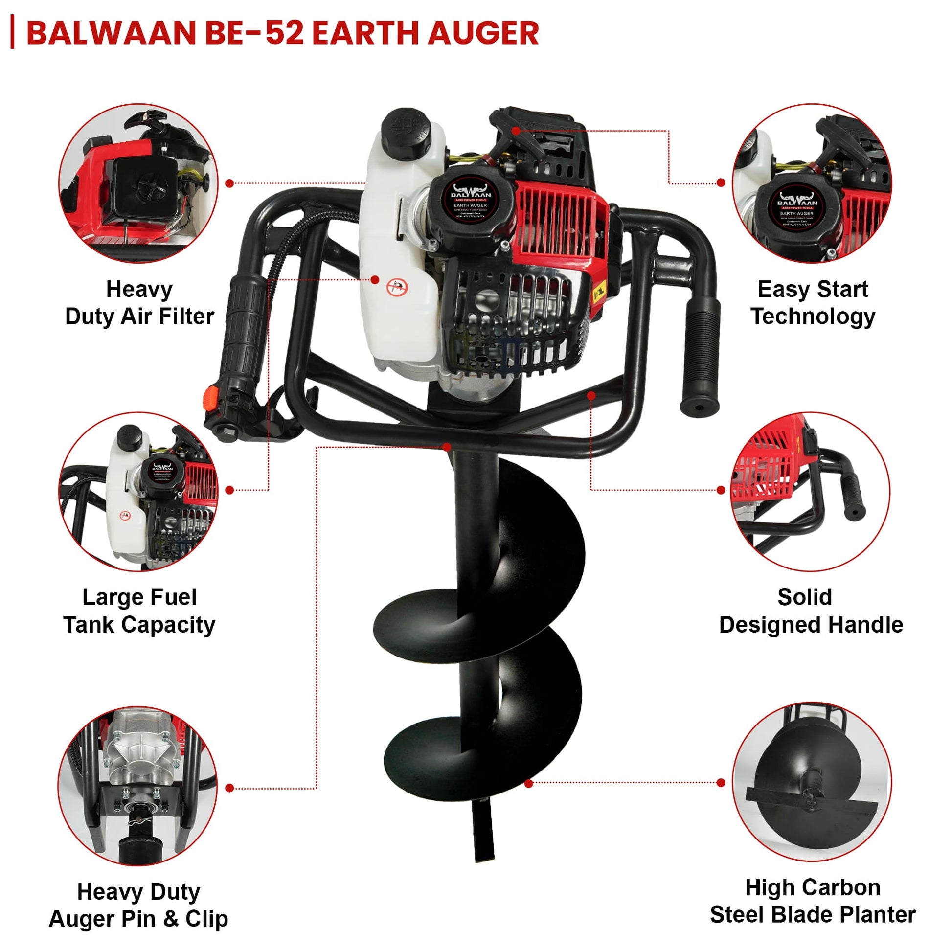 Balwaan 52cc Earth Auger with 8 Inch & 12 Inch Planter| BE-52
