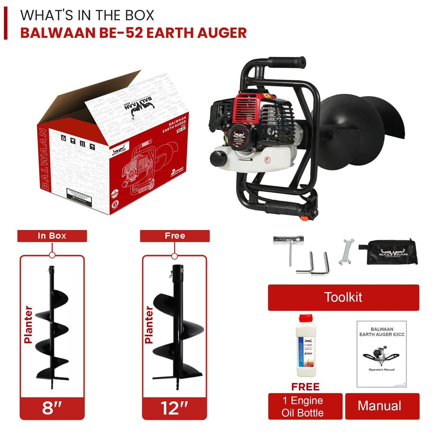Balwaan 52cc Earth Auger with 8 Inch & 12 Inch Planter| BE-52