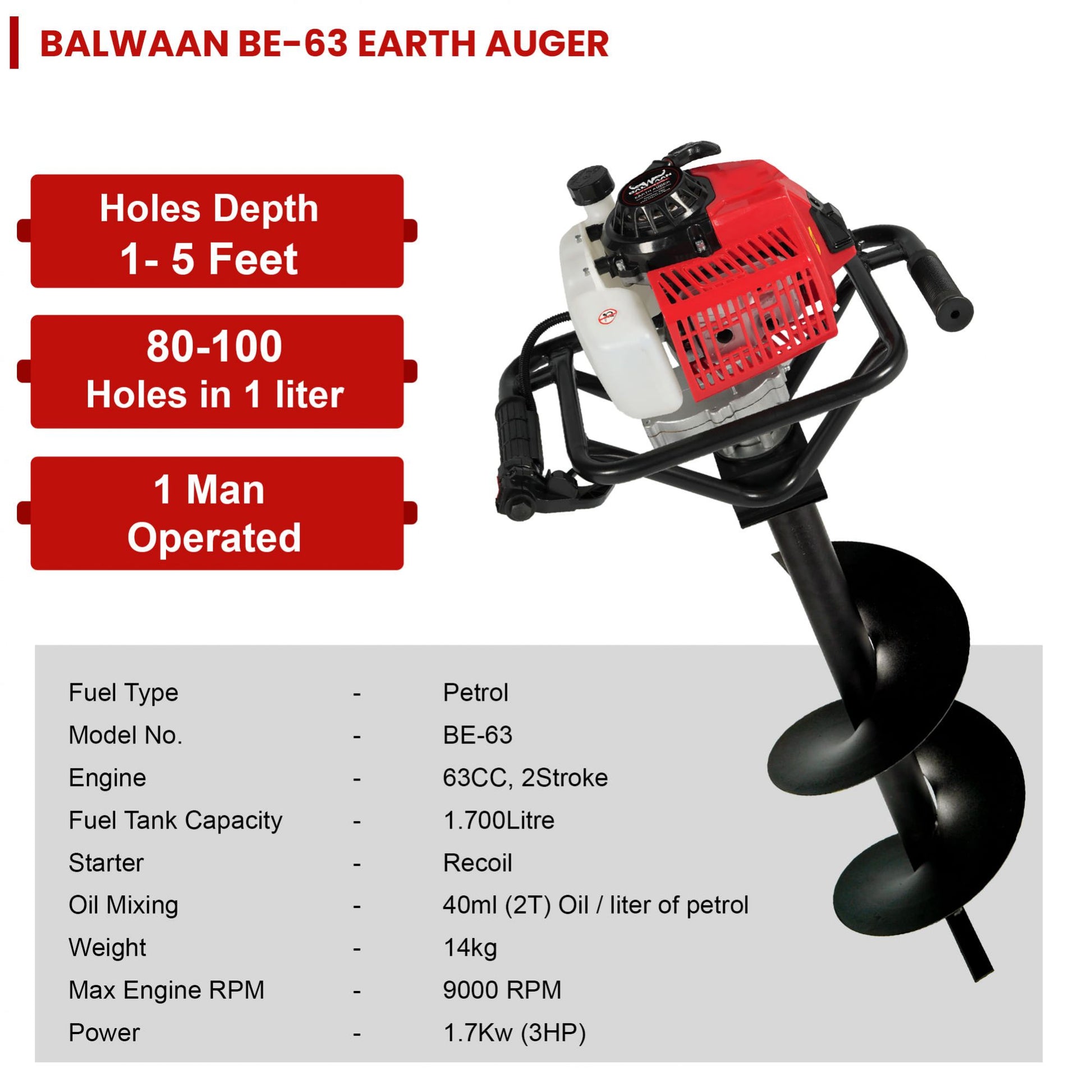 Balwaan BE-63 Earth Auger with 8 & 12 inch Planter | 63 cc 2 Stroke Powerful Heavy Duty Petrol Engine | Suitable for Dig