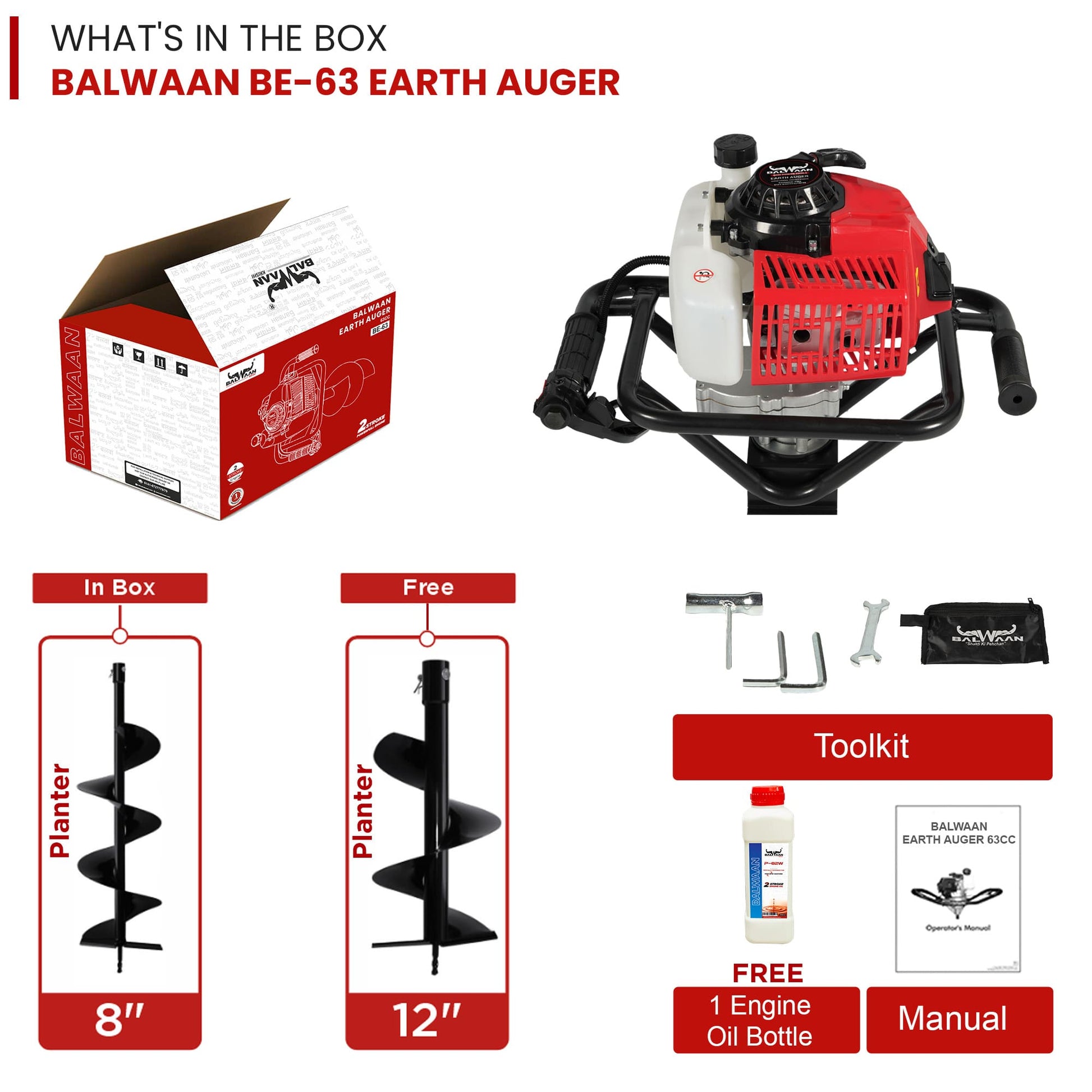 Balwaan BE-63 Earth Auger with 8 & 12 inch Planter | 63 cc 2 Stroke Powerful Heavy Duty Petrol Engine | Suitable for Dig
