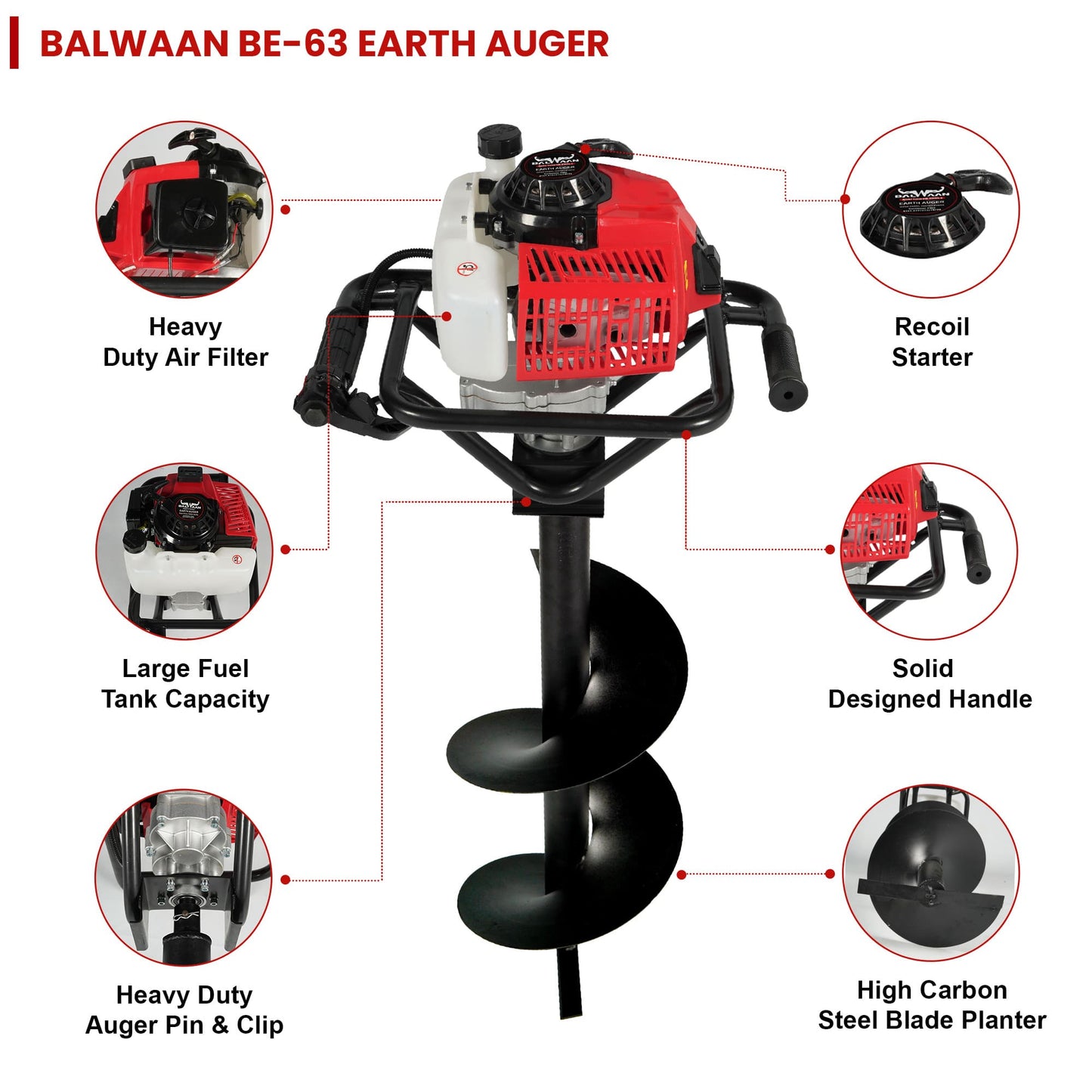 Balwaan BE-63 Earth Auger with 8 & 12 inch Planter | 63 cc 2 Stroke Powerful Heavy Duty Petrol Engine | Suitable for Dig