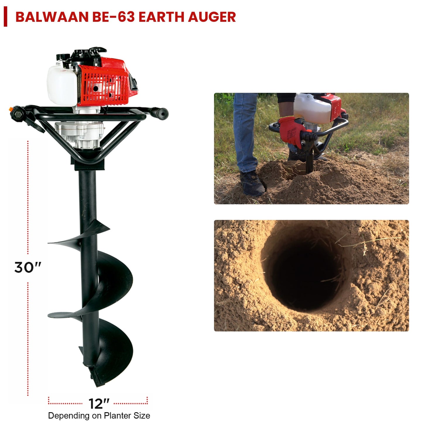 Balwaan BE-63 Earth Auger with 8 & 12 inch Planter | 63 cc 2 Stroke Powerful Heavy Duty Petrol Engine | Suitable for Dig