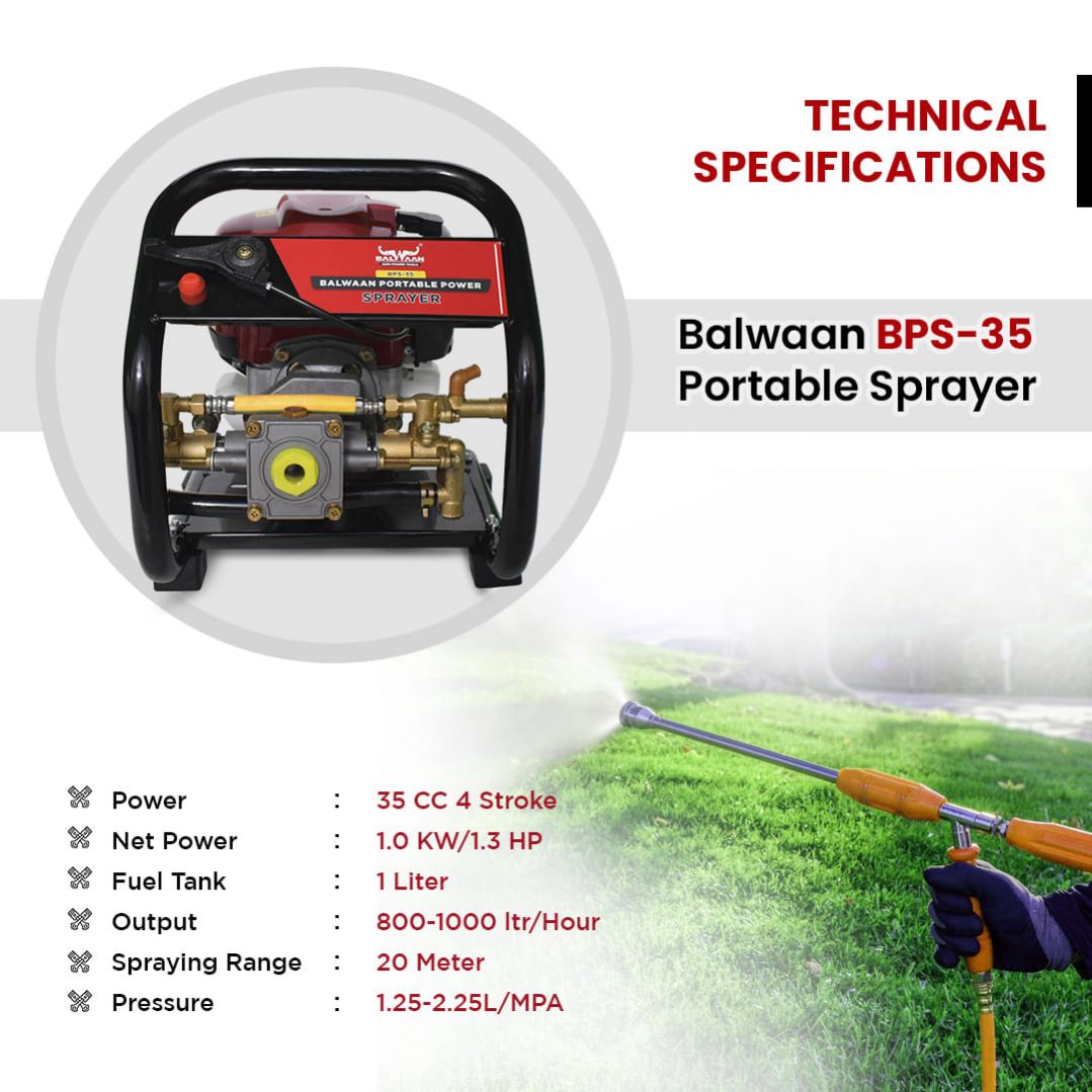 Balwaan Portable Power Sprayer BPS-35 | 35 cc 4 Stroke Engine, Brass Made Pressure Pump for Gardening, Cleaning | Free 5