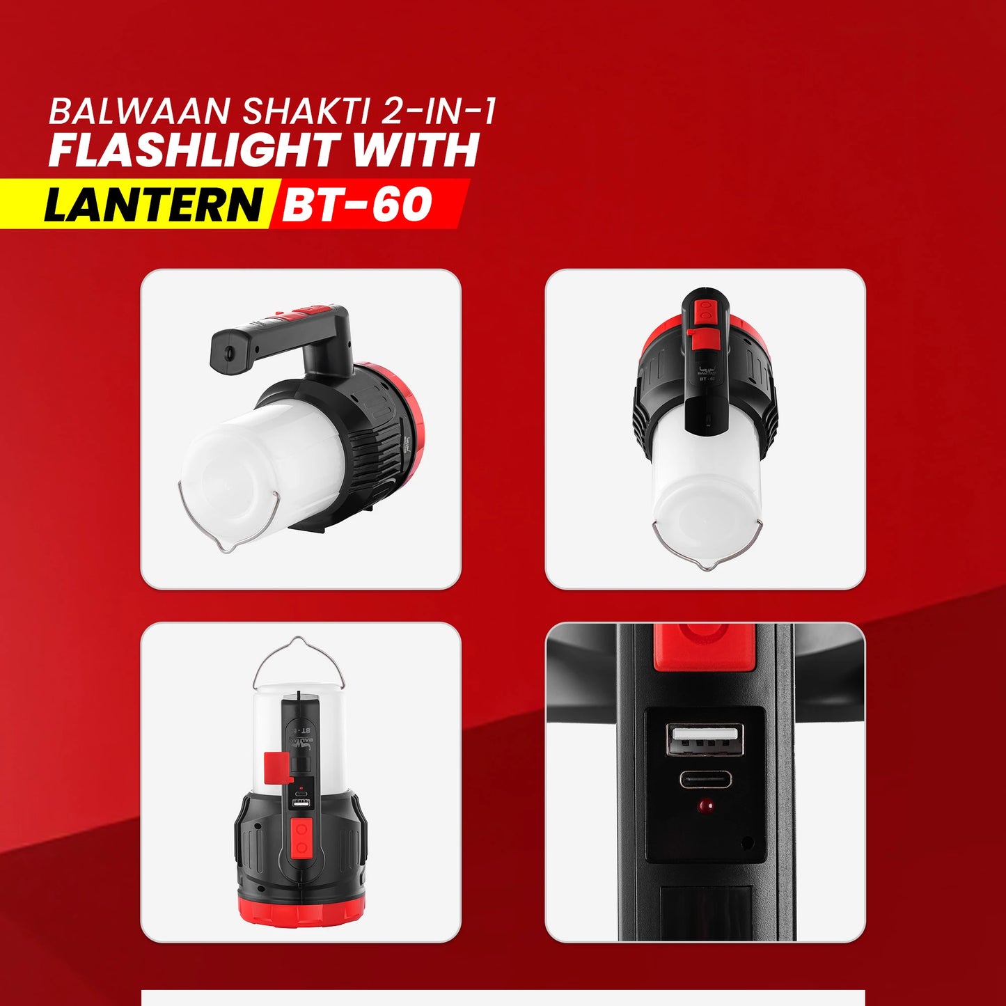 Balwaan BT-60 Rechargeable 2-in-1 Torch & Lantern | 5W LED, USB-C Fast Charge