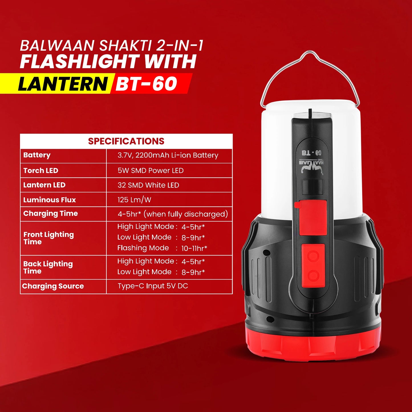 Balwaan BT-60 Rechargeable 2-in-1 Torch & Lantern | 5W LED, USB-C Fast Charge