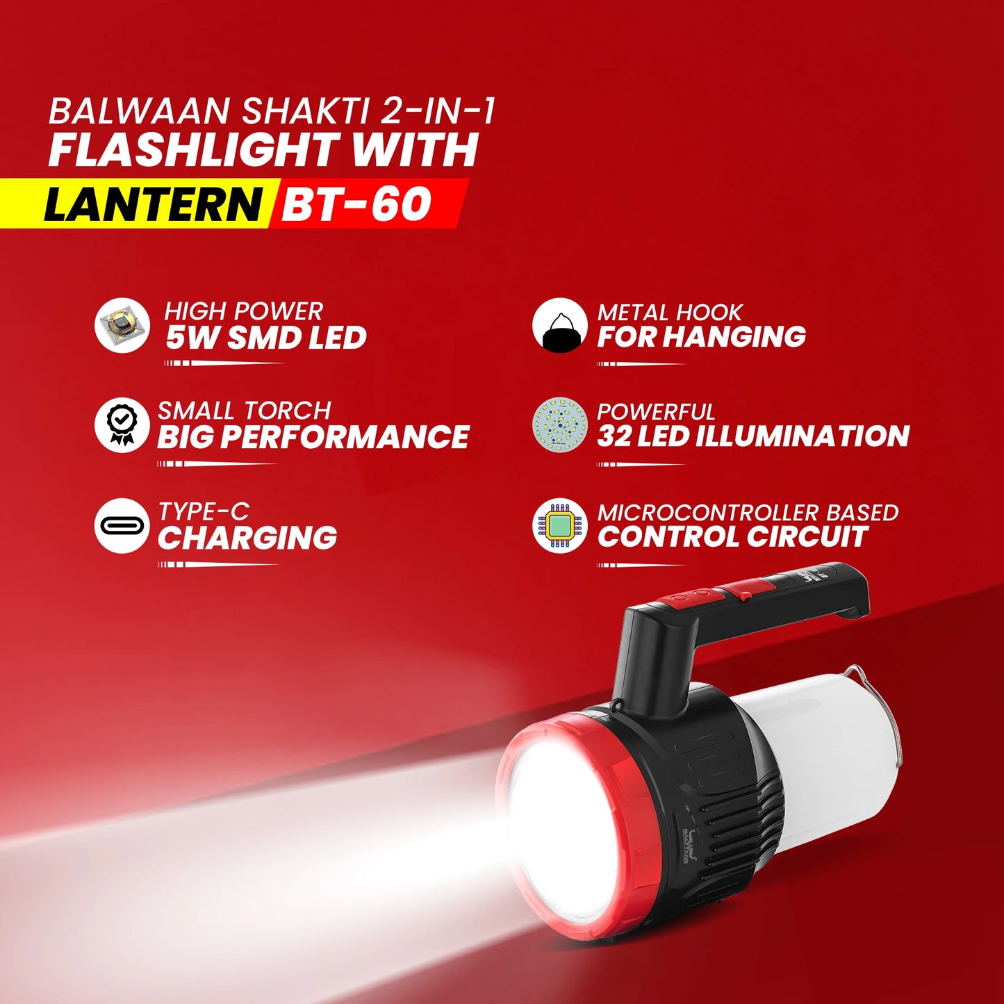 Balwaan BT-60 Rechargeable 2-in-1 Torch & Lantern | 5W LED, USB-C Fast Charge