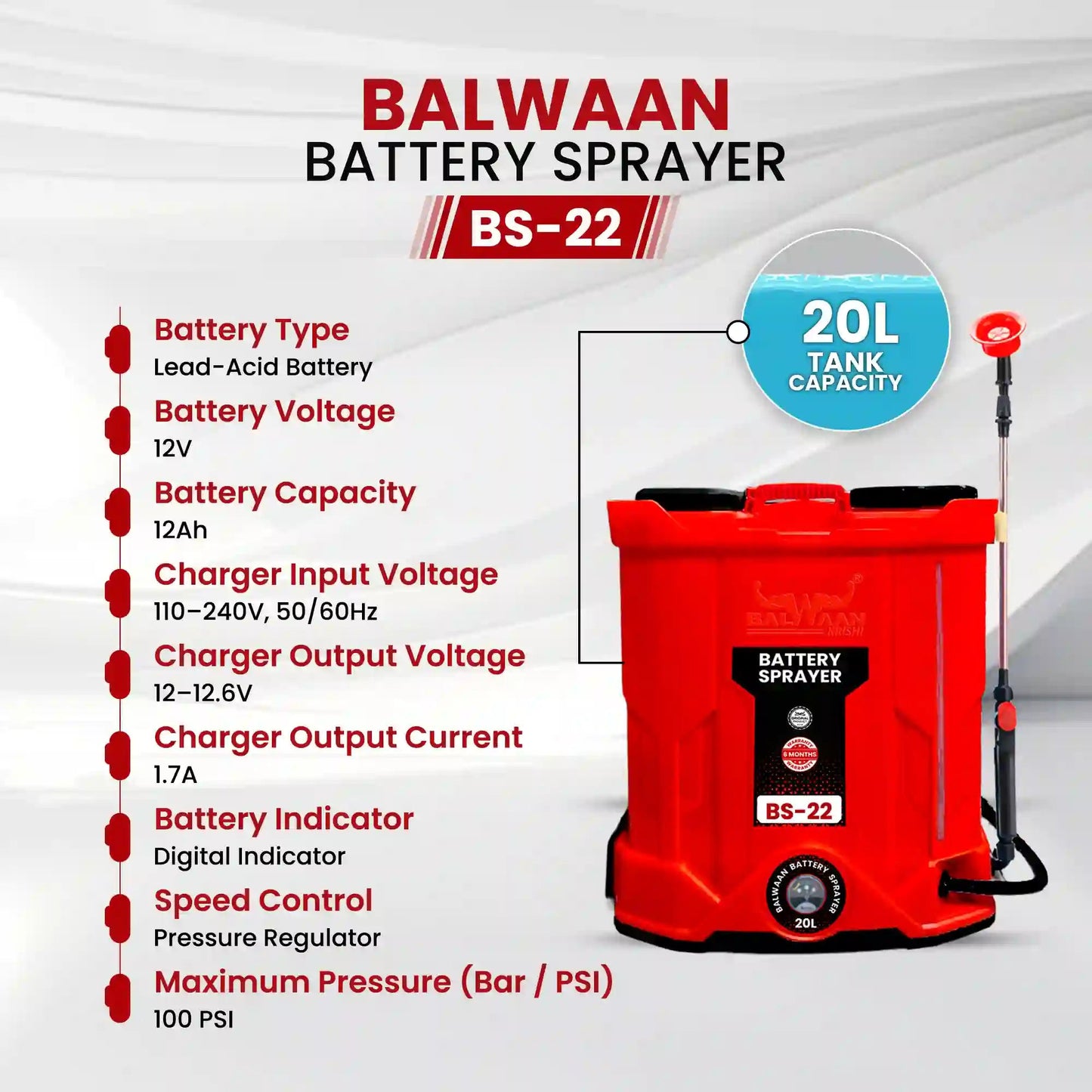 Balwaan BS - 22 Single Motor Battery Sprayer| 12x12 by Balwaan | KrishiGears