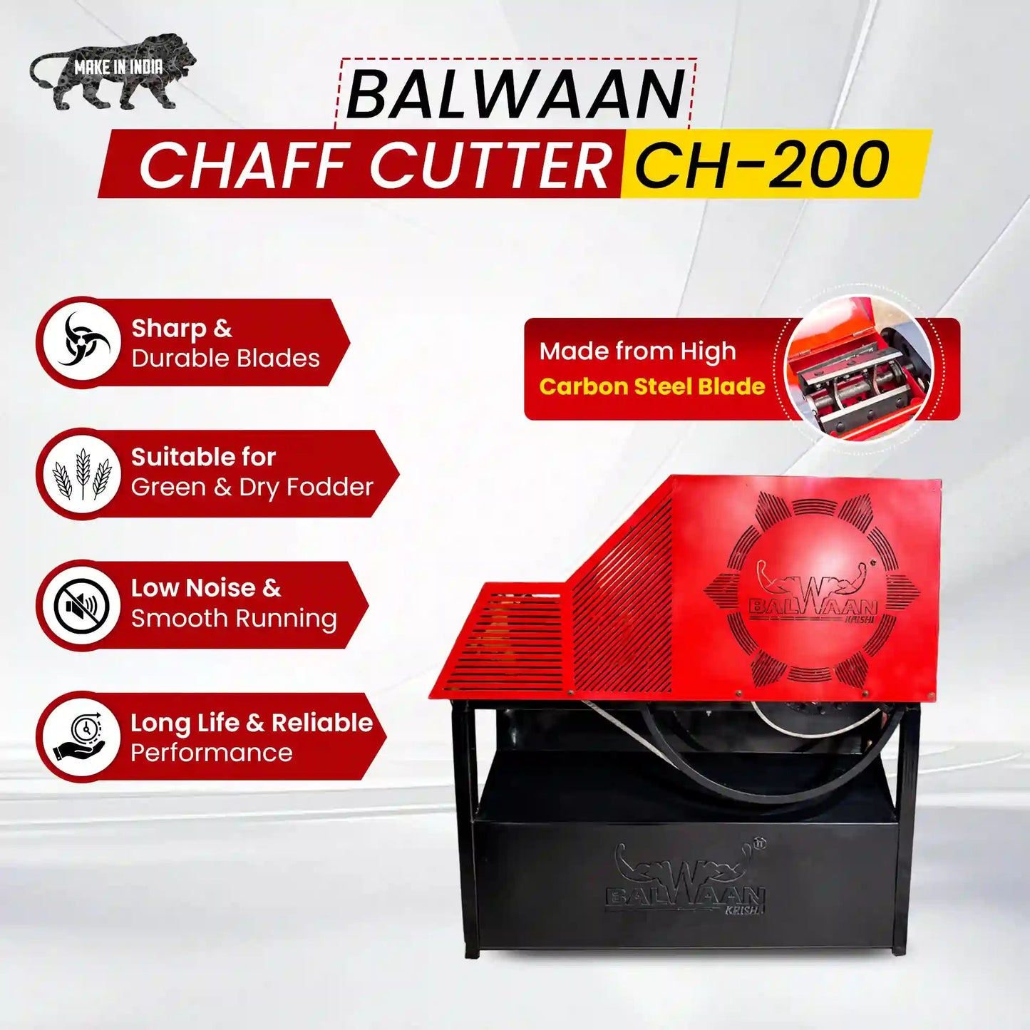 Balwaan CH - 200 Chaff Cutter Machine With 2HP Motor | 500 - 600 kg/hr Electric Fodder Cutting Machine for Cattle by Balwaan | KrishiGears