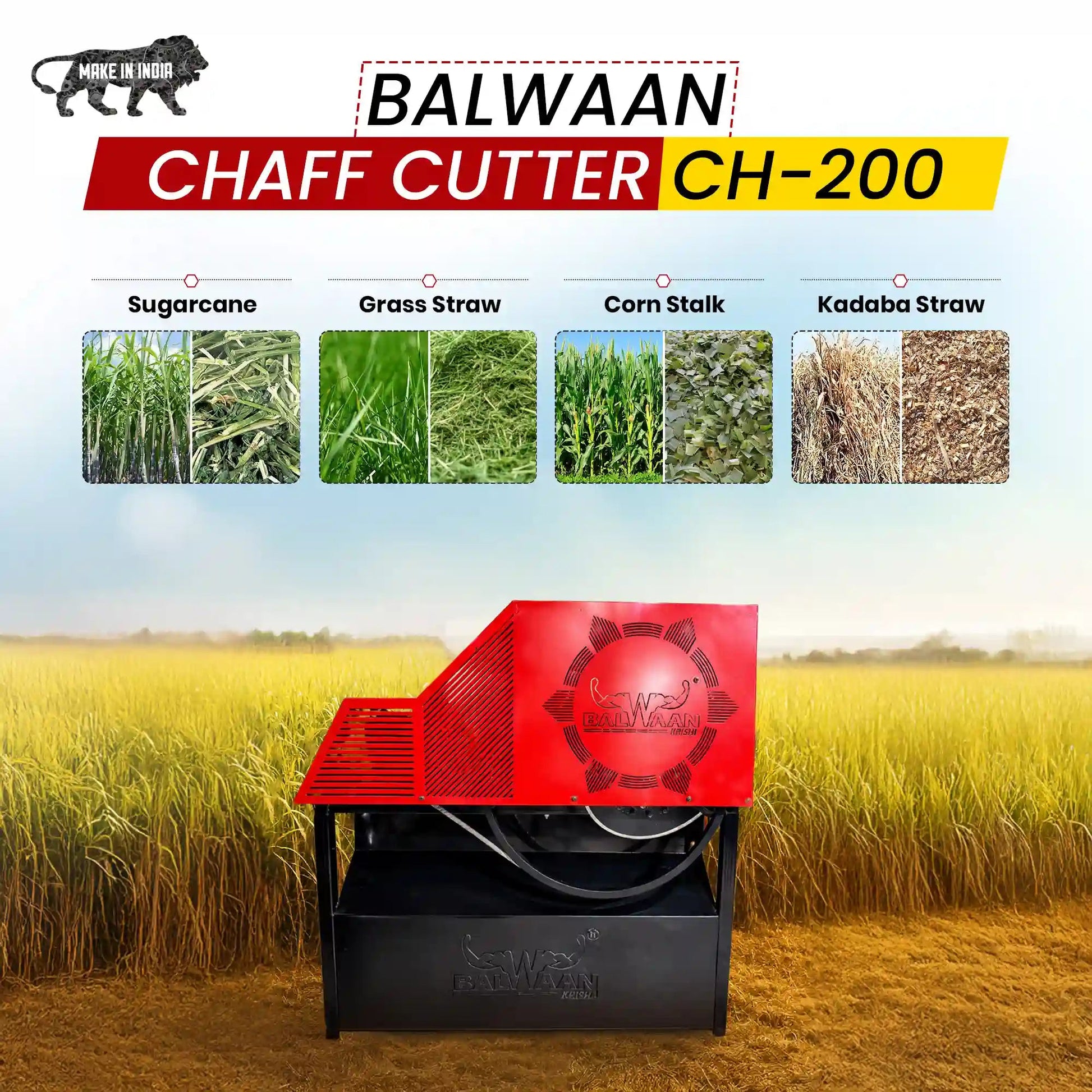 Balwaan CH - 200 Chaff Cutter Machine With 2HP Motor | 500 - 600 kg/hr Electric Fodder Cutting Machine for Cattle by Balwaan | KrishiGears