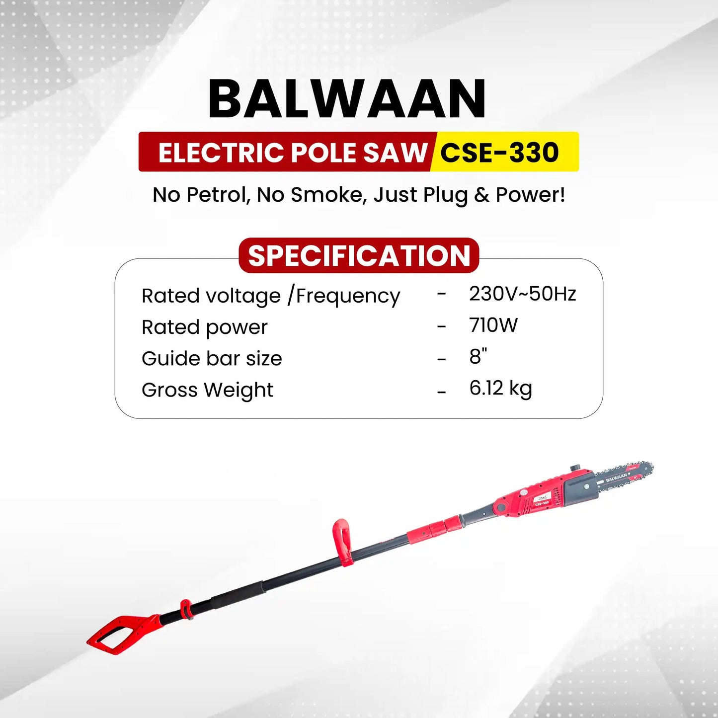 Balwaan Electric Pole Saw CSE - 330 with Adjustable Head & 8 Inch Bar| Heavy - Duty Tree Trimming Machine by Balwaan | KrishiGears