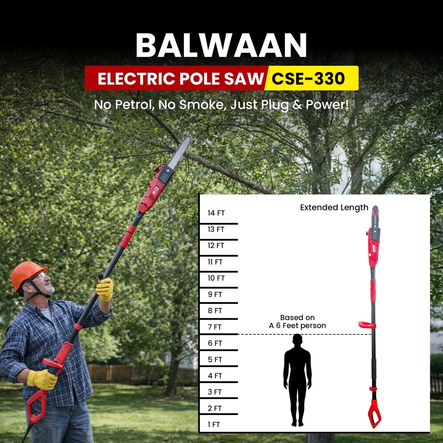Balwaan Electric Pole Saw CSE-330 with Adjustable Head & 8 Inch Bar| Heavy-Duty Tree Trimming Machine