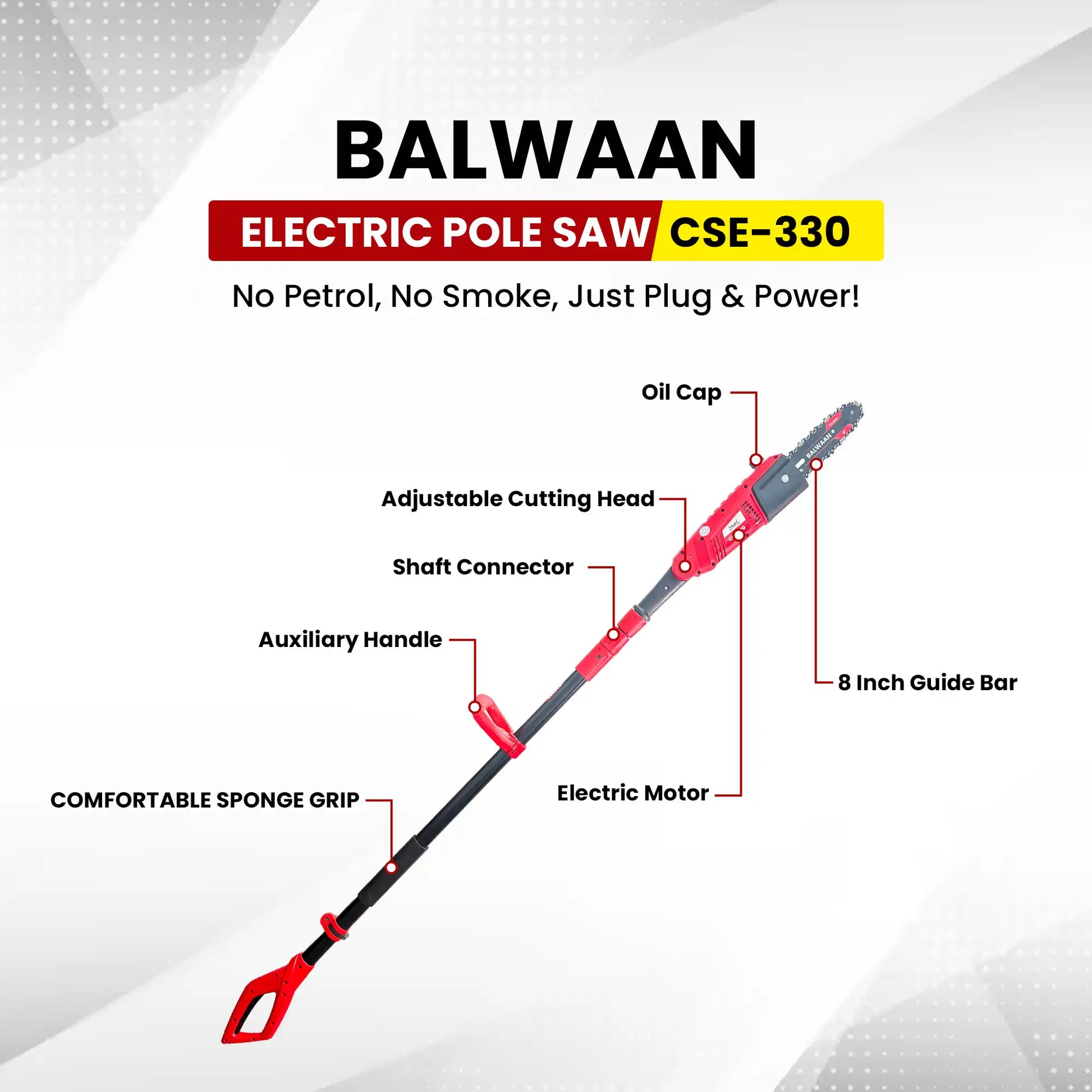 Balwaan Electric Pole Saw CSE-330 with Adjustable Head & 8 Inch Bar| Heavy-Duty Tree Trimming Machine