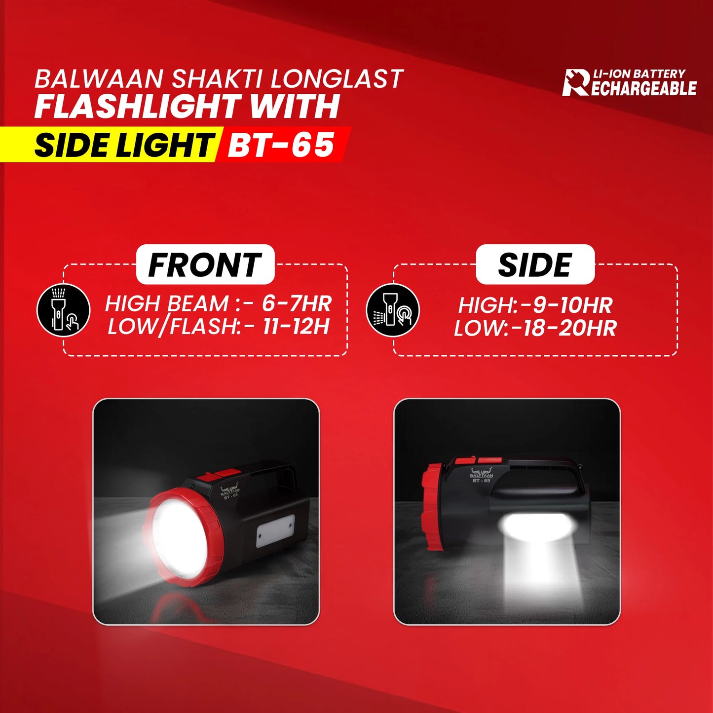 Balwaan Shakti Longlast Flashlight Torch with Side Light  BT-65 | Multi-Mode 5W LED USB-C Rechargeable Light