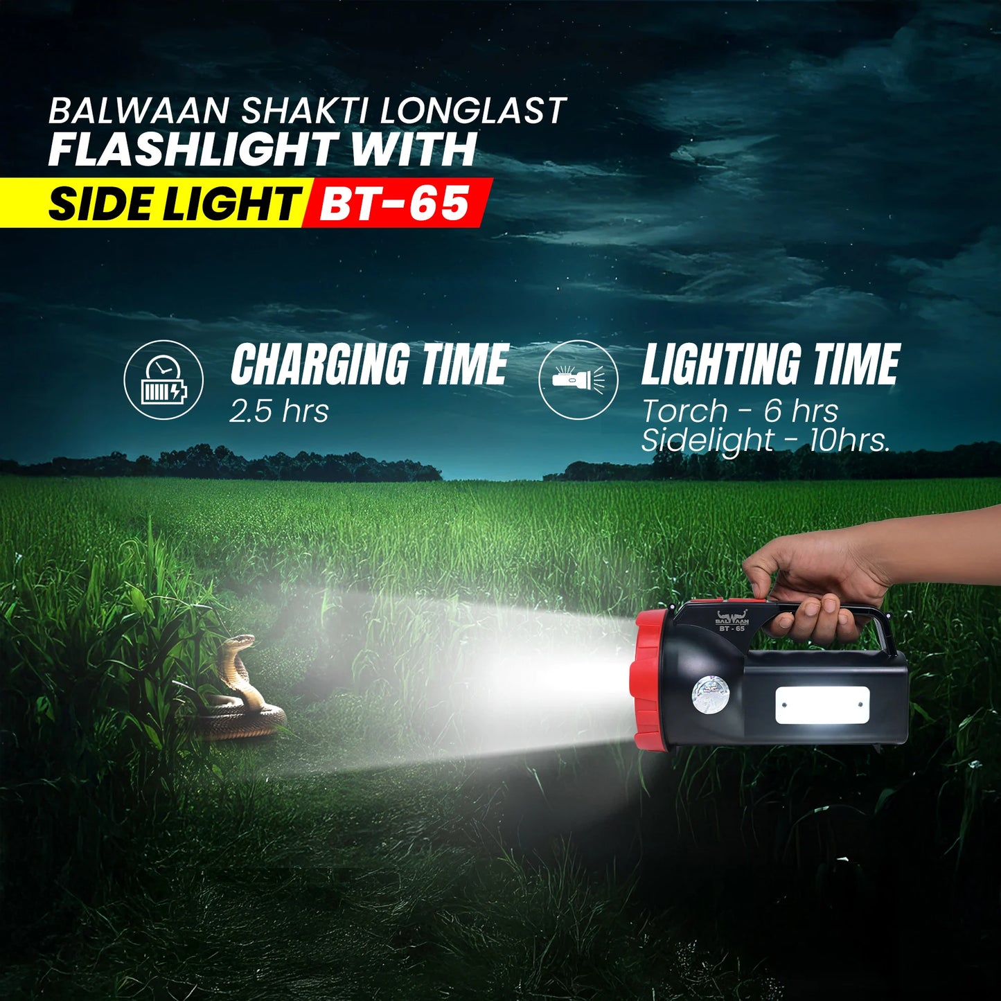 Balwaan Shakti Longlast Flashlight Torch with Side Light  BT-65 | Multi-Mode 5W LED USB-C Rechargeable Light