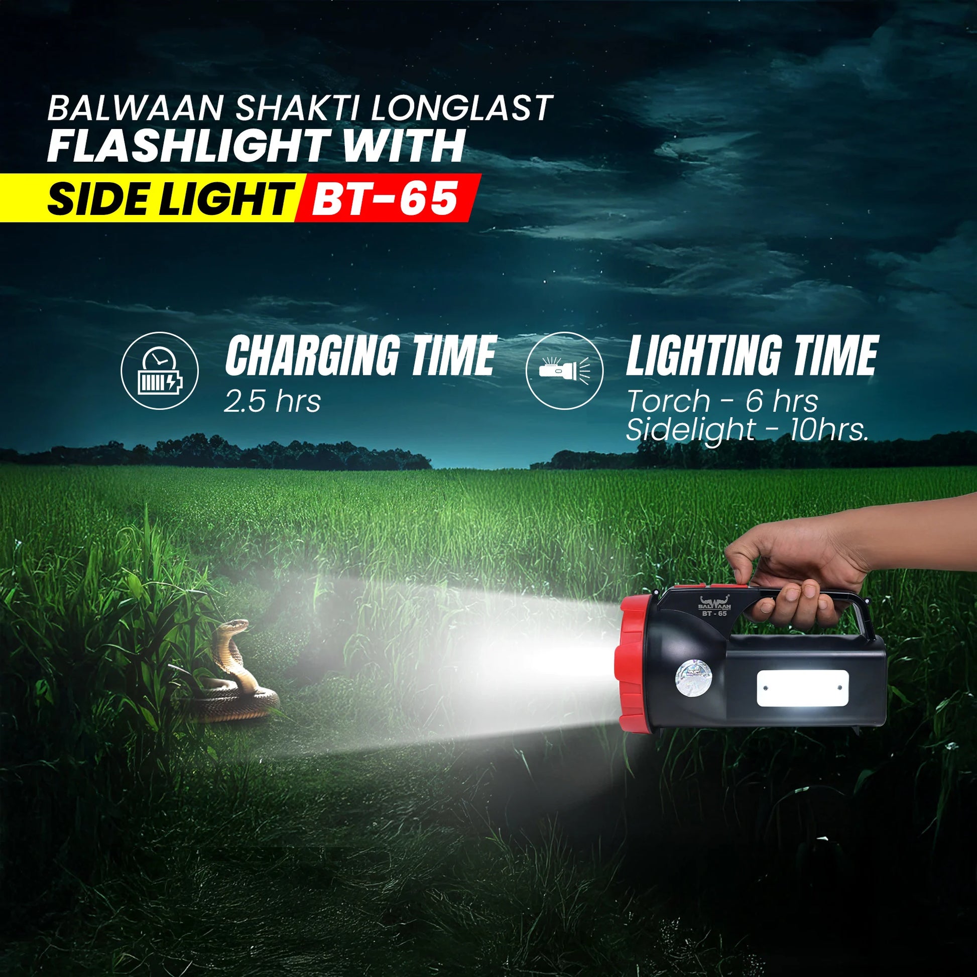 Balwaan Shakti Longlast Flashlight Torch with Side Light  BT-65 | Multi-Mode 5W LED USB-C Rechargeable Light