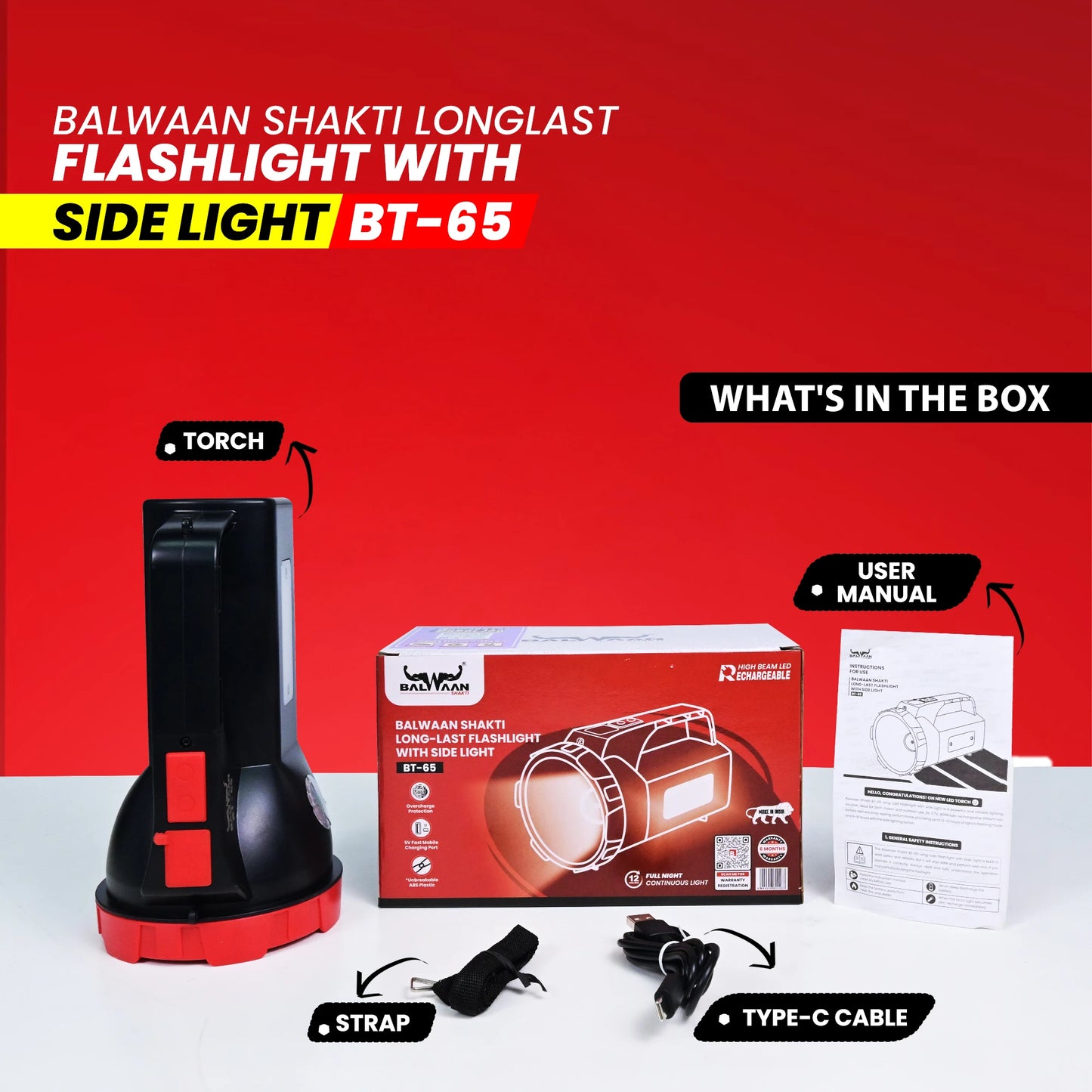 Balwaan Shakti Longlast Flashlight Torch with Side Light  BT-65 | Multi-Mode 5W LED USB-C Rechargeable Light