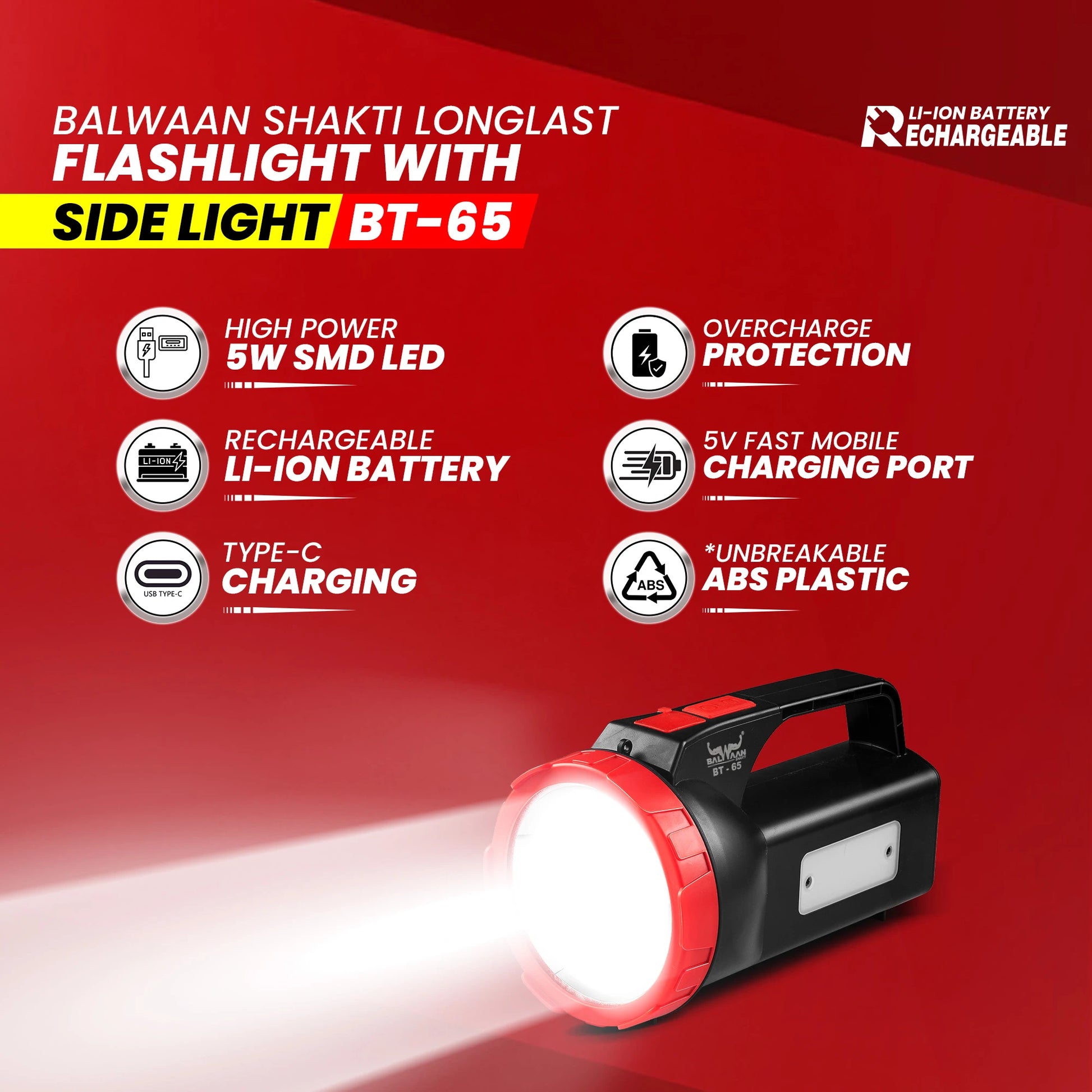 Balwaan Shakti Longlast Flashlight Torch with Side Light  BT-65 | Multi-Mode 5W LED USB-C Rechargeable Light