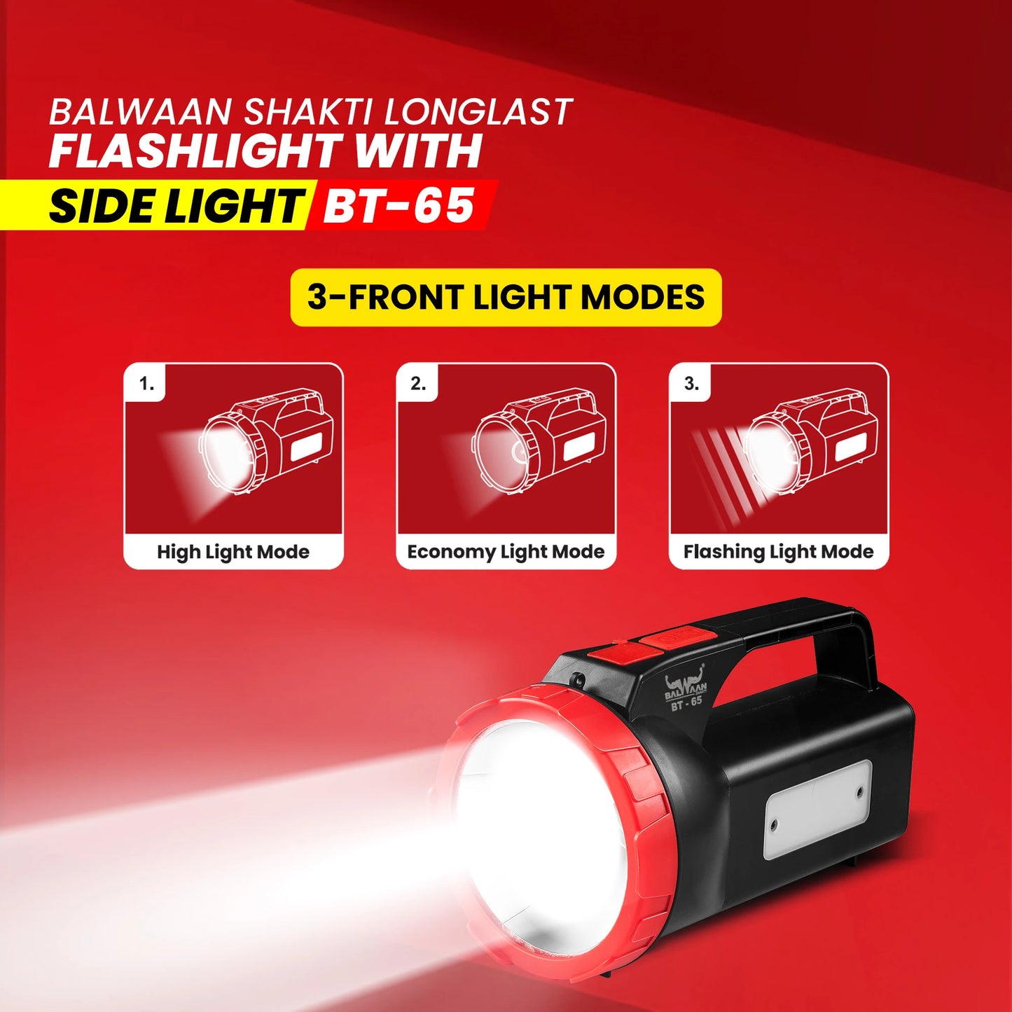 Balwaan Shakti Longlast Flashlight Torch with Side Light  BT-65 | Multi-Mode 5W LED USB-C Rechargeable Light