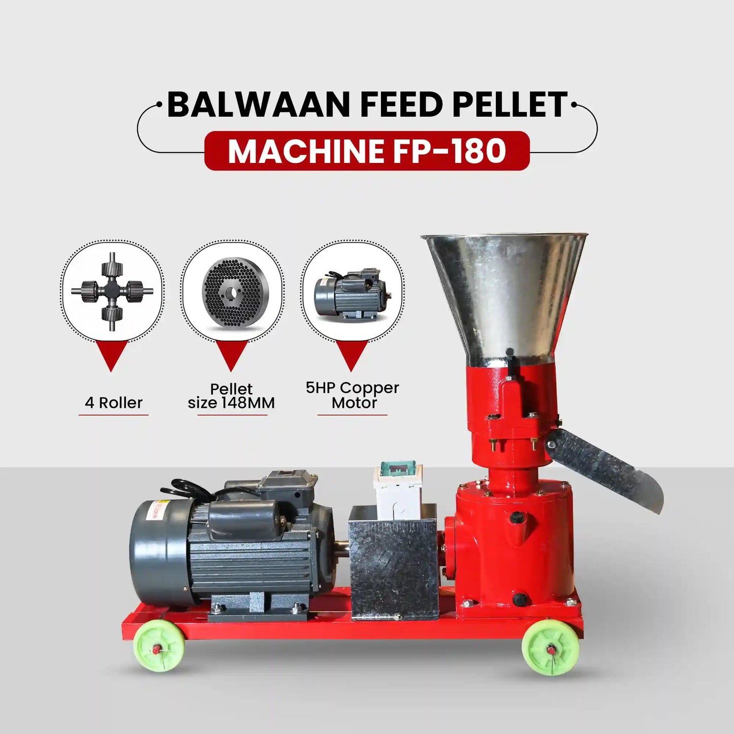 Balwaan FP - 180 Feed Pellet Machine | 5HP Copper Motor | Animal Feed Pellets | Poultry, Fish, Pig & Cattle Feed Pellet Machine by Balwaan | KrishiGears