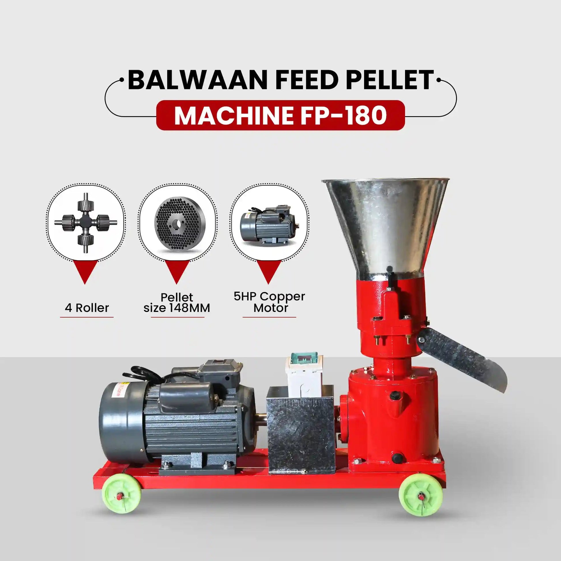 Balwaan FP - 180 Feed Pellet Machine | 5HP Copper Motor | Animal Feed Pellets | Poultry, Fish, Pig & Cattle Feed Pellet Machine by Balwaan | KrishiGears