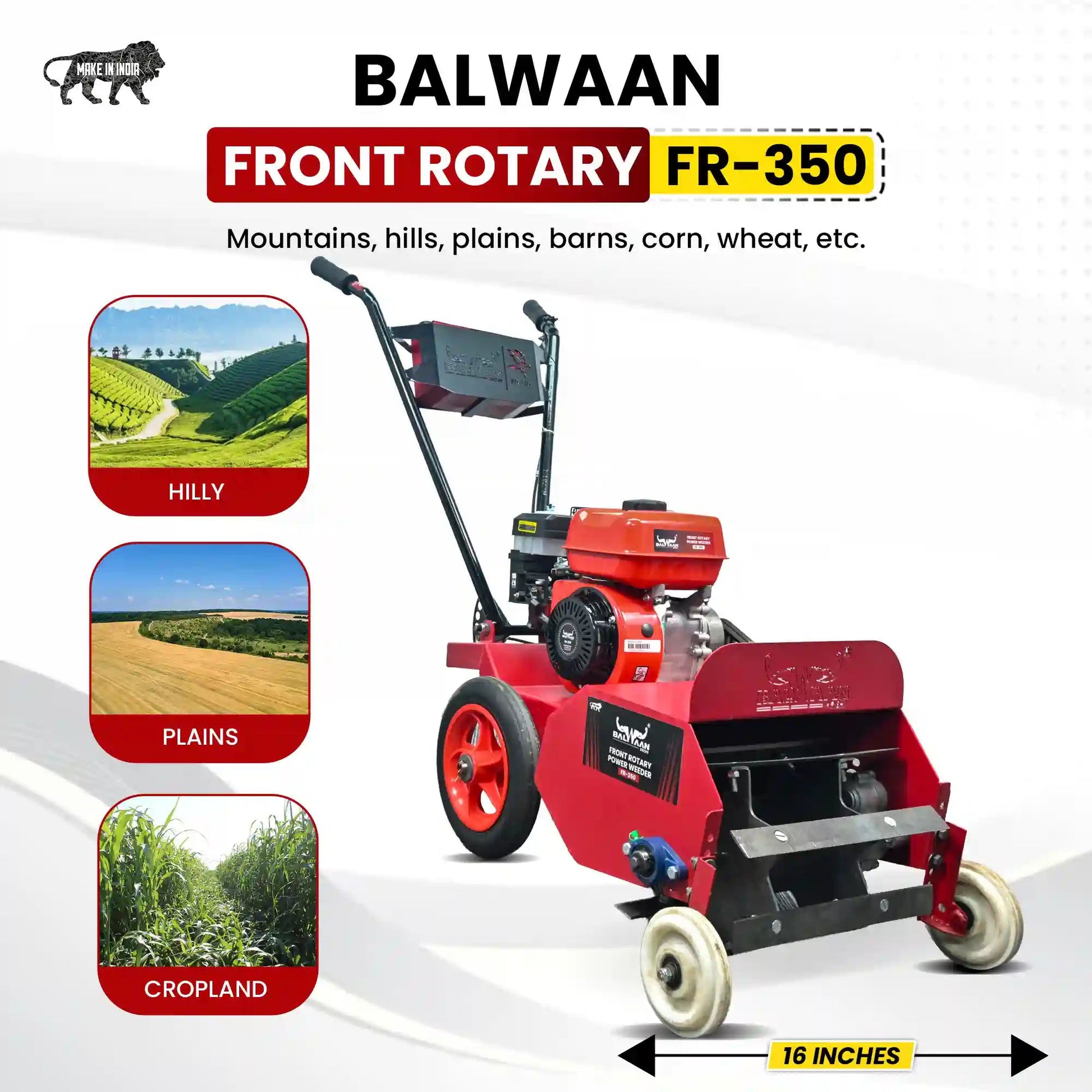 Balwaan FR - 350 Front Rotary Inter Cultivator | 7HP 4 - Stroke Petrol Engine | 16 - Inch Working Width | Heavy - Duty Tiller for Inter - Row Farming by Balwaan | KrishiGears