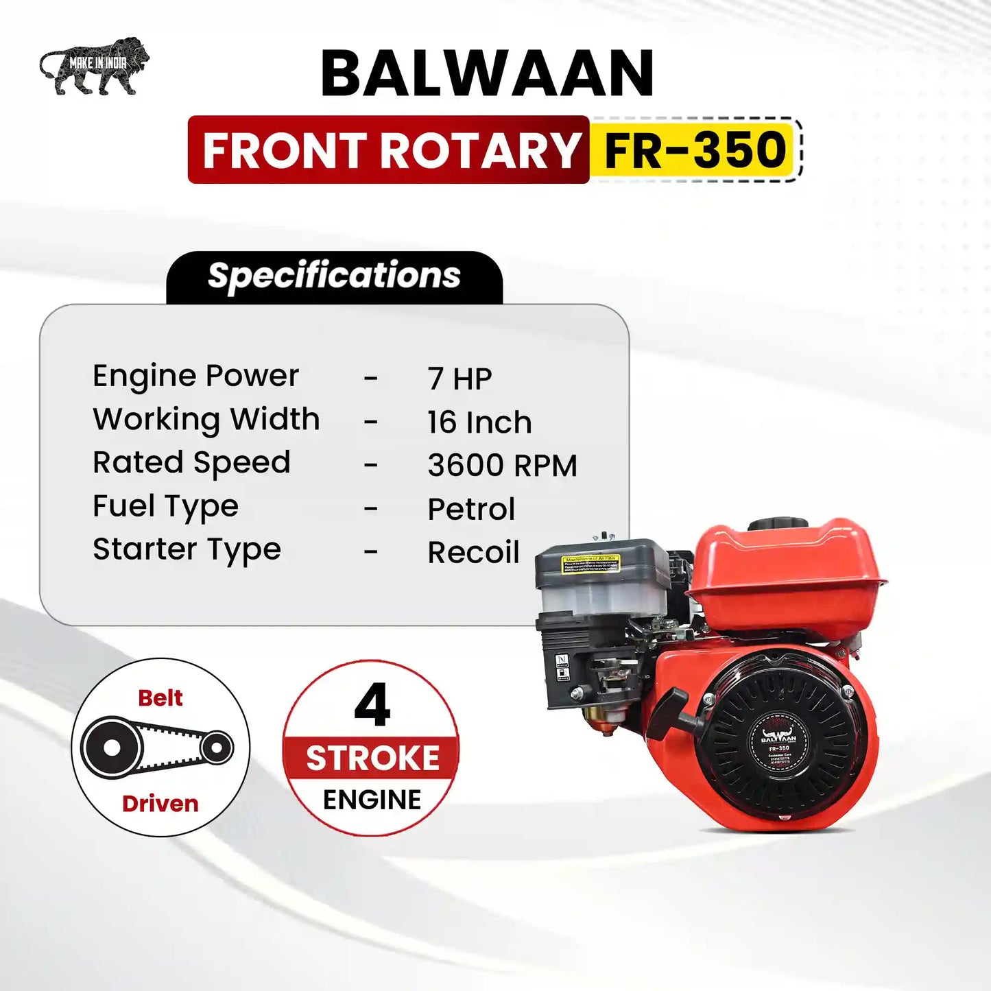 Balwaan FR-350 Front Rotary Inter Cultivator | 7HP 4-Stroke Petrol Engine | 16-Inch Working Width | Heavy-Duty Tiller fo