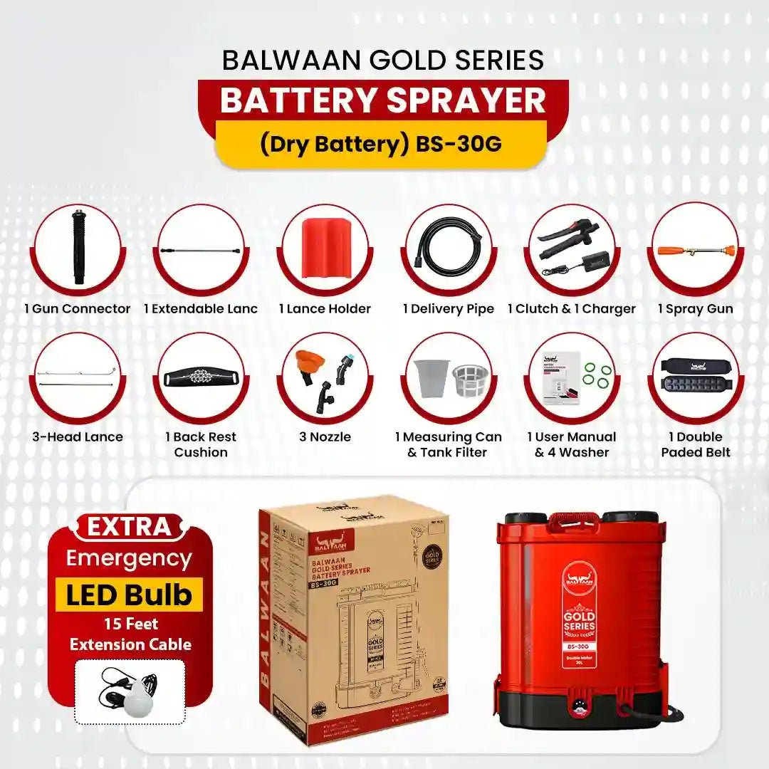 Balwaan Gold Series Battery Sprayer BS - 30G 12 Volts x 12 Ampere Double Motor First Digital Battery Indicator|20 Litre Tank|Get a Free LED Bulb with 15 Feet Extension Cable, Battery Powered by Balwaan | KrishiGears