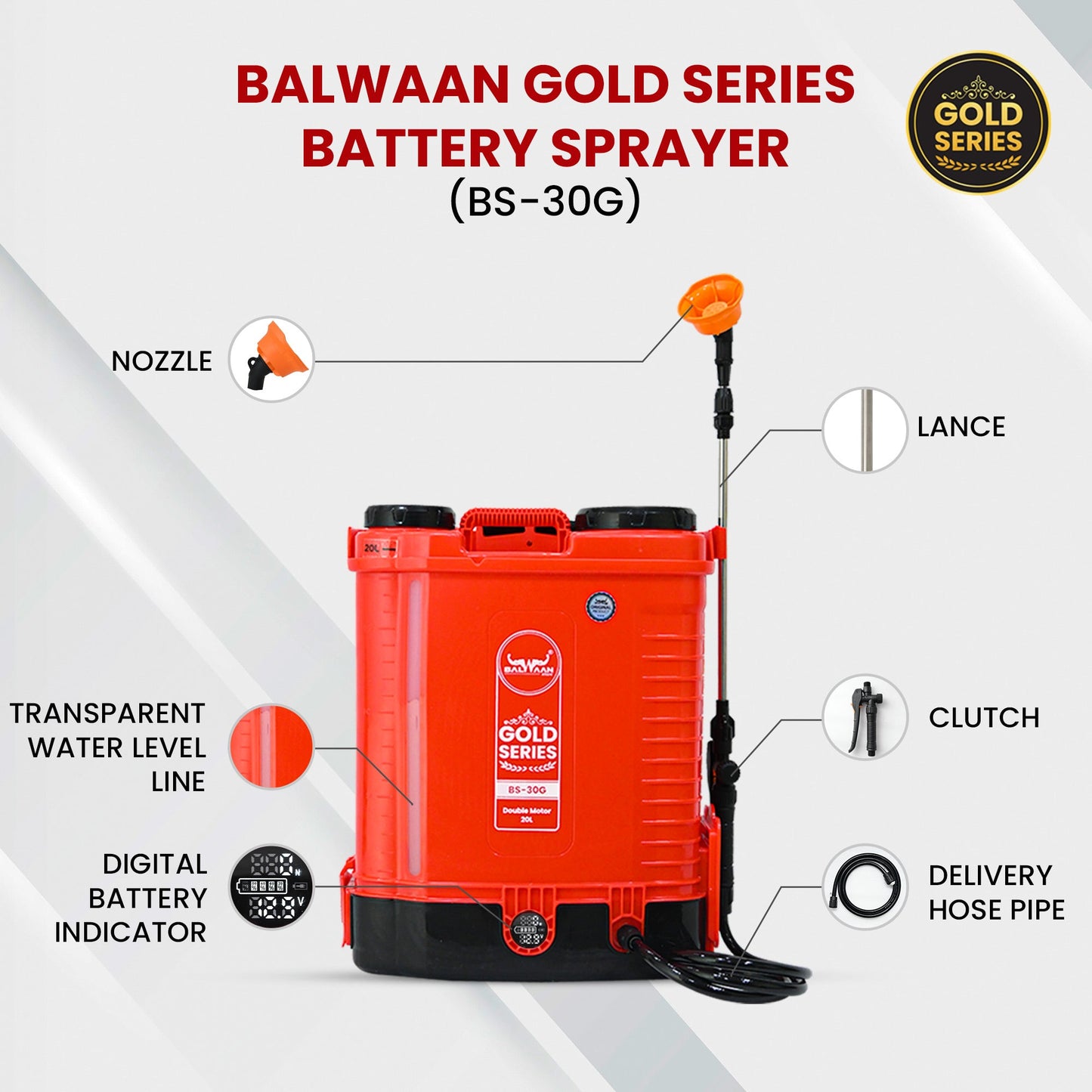 Balwaan Gold Series Battery Sprayer BS - 30G 12 Volts x 12 Ampere Double Motor First Digital Battery Indicator|20 Litre Tank|Get a Free LED Bulb with 15 Feet Extension Cable, Battery Powered by Balwaan | KrishiGears