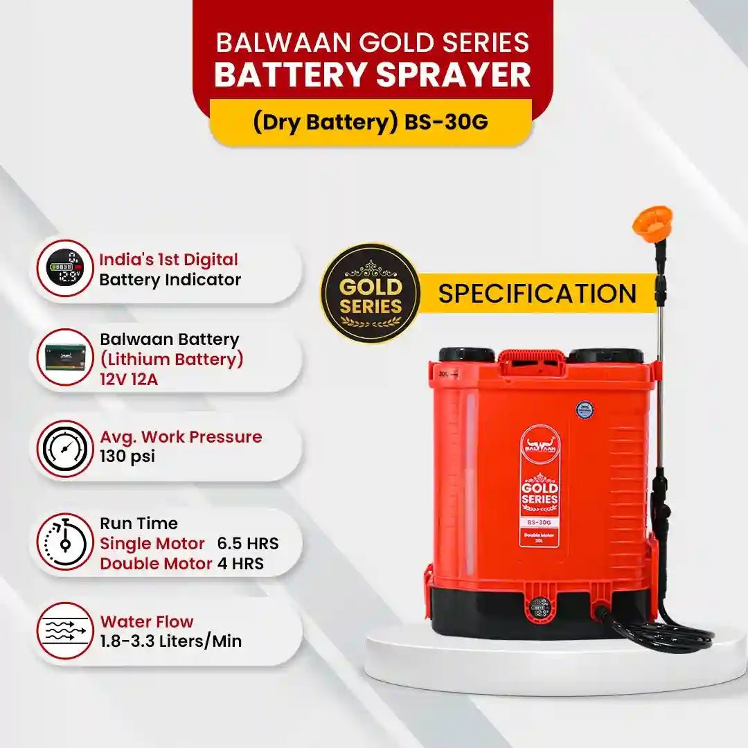 Balwaan Gold Series Battery Sprayer BS - 30G 12 Volts x 12 Ampere Double Motor First Digital Battery Indicator|20 Litre Tank|Get a Free LED Bulb with 15 Feet Extension Cable, Battery Powered by Balwaan | KrishiGears