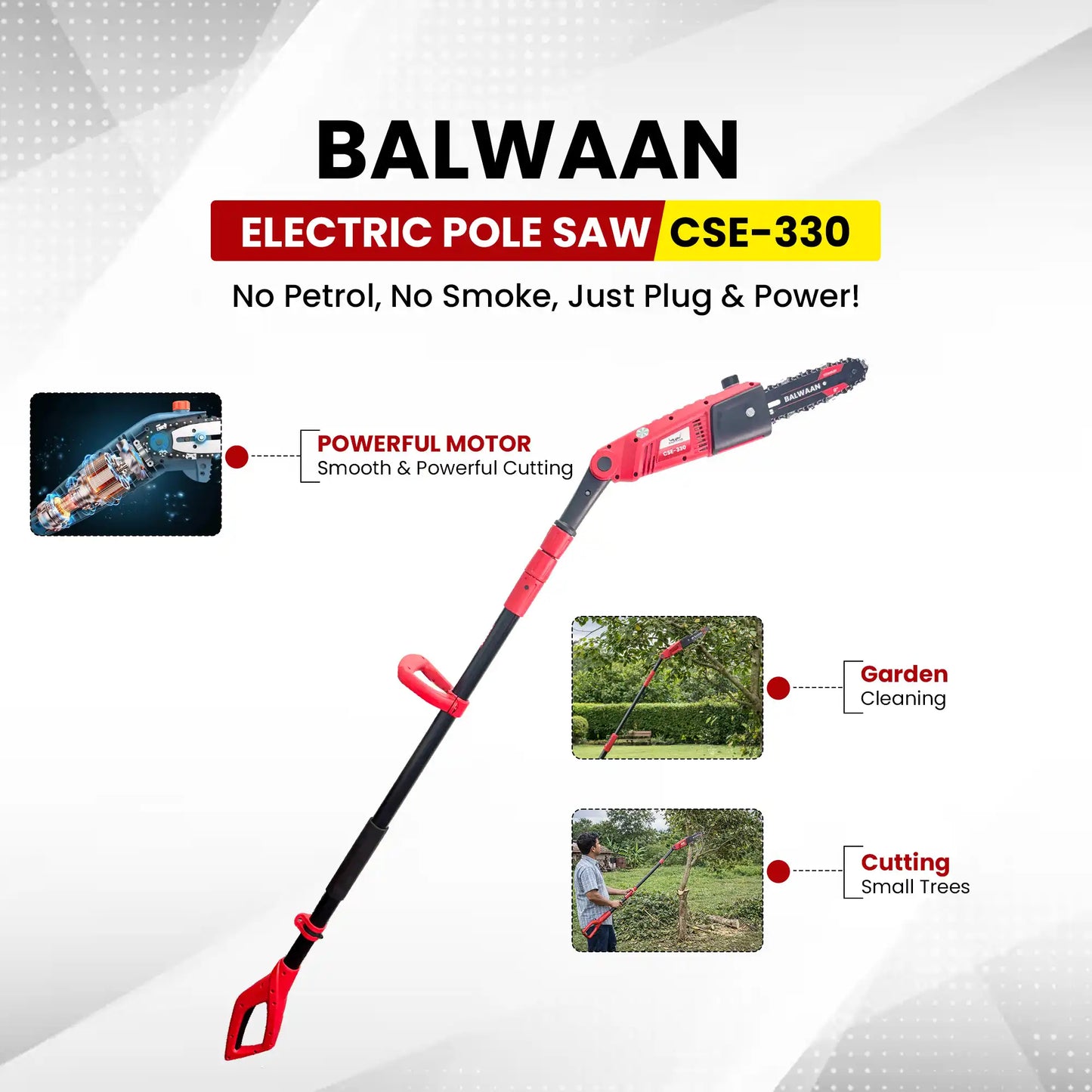 Balwaan Electric Pole Saw CSE-330 with Adjustable Head & 8 Inch Bar| Heavy-Duty Tree Trimming Machine