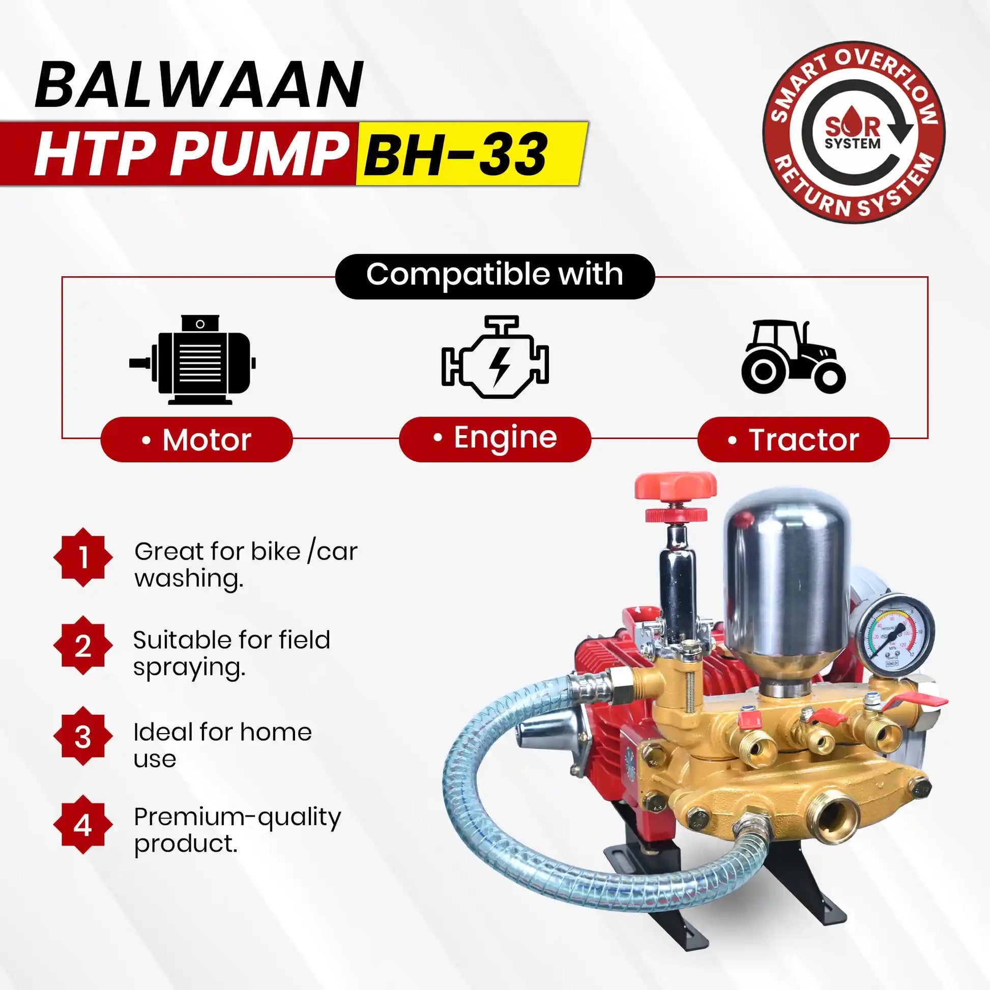 Balwaan HTP Pump BH-33 | High Pressure Triple Piston Sprayer Pump For Agriculture,Orchard,Car & Bike Washing