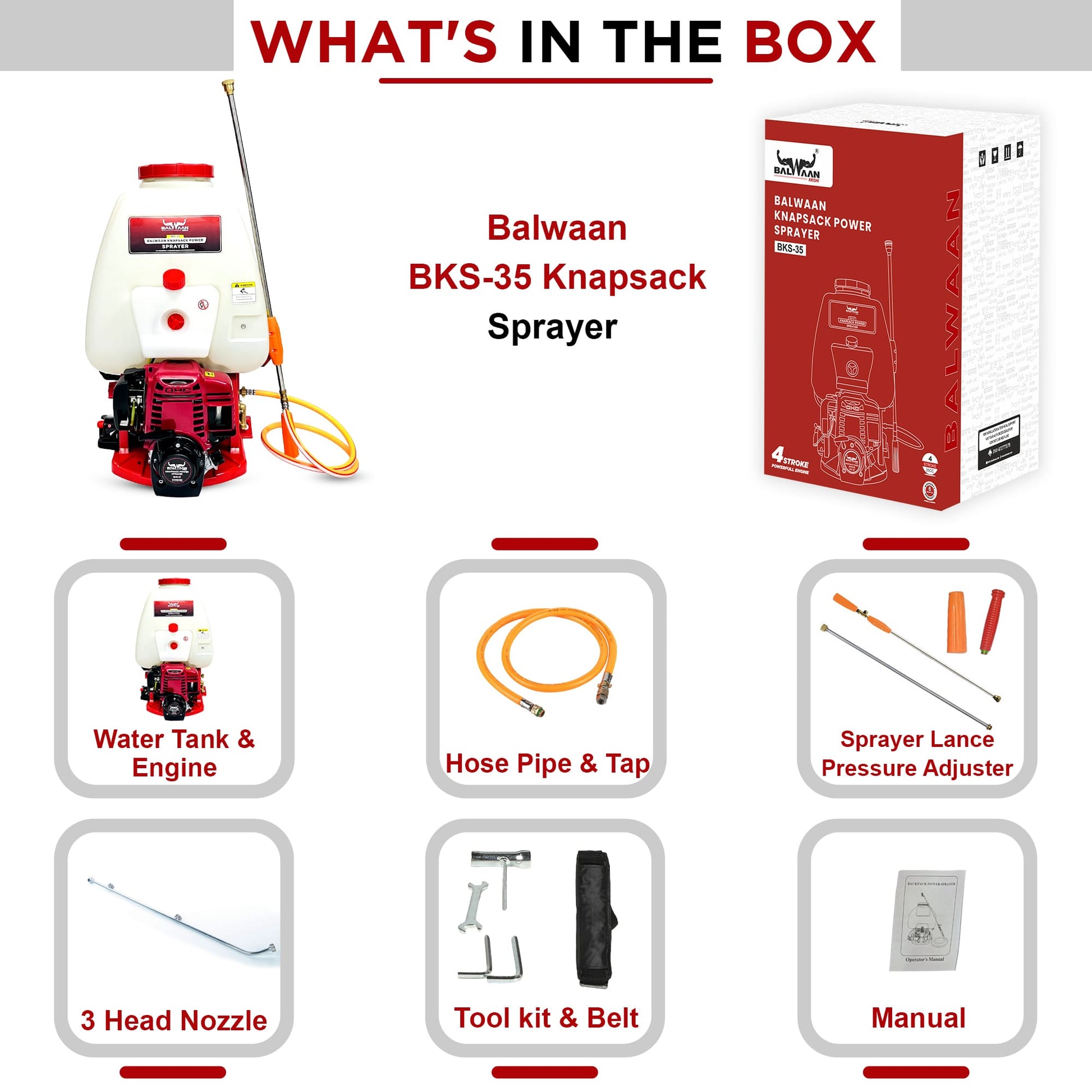 Balwaan Knapsack Agricultural Power Sprayer BKS - 35 | 35CC 4 Stroke Engine | High Pressure | Commercial Spray Sanitization | Free 3 Head Nozzles, Hose Pipe Gun & 500ml Engine Oil by Balwaan | KrishiGears