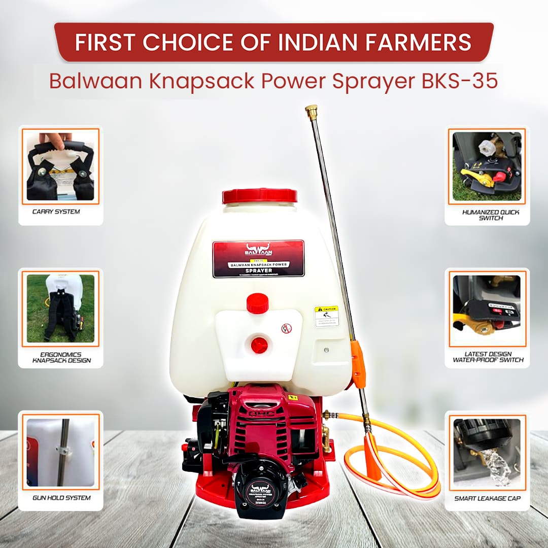 Balwaan Knapsack Agricultural Power Sprayer BKS - 35 | 35CC 4 Stroke Engine | High Pressure | Commercial Spray Sanitization | Free 3 Head Nozzles, Hose Pipe Gun & 500ml Engine Oil by Balwaan | KrishiGears