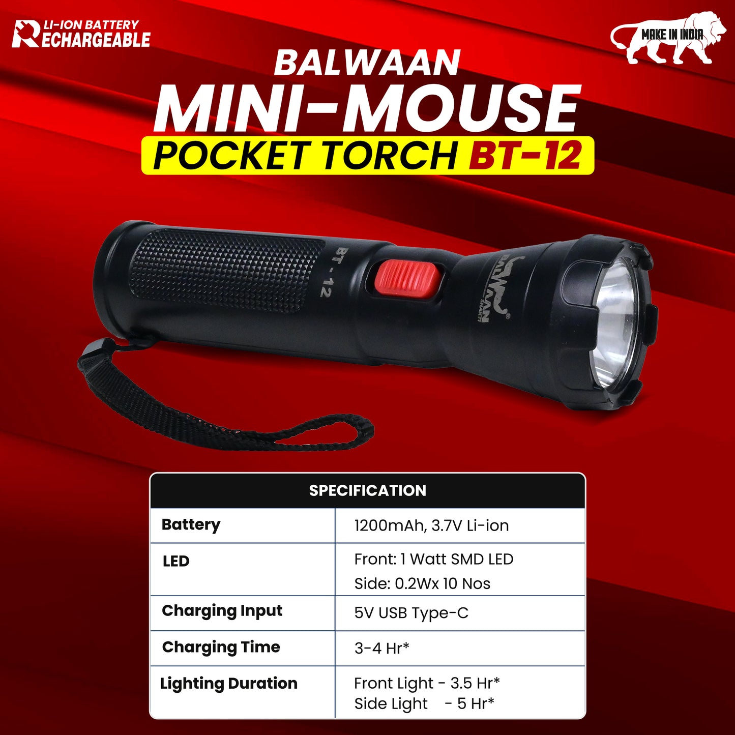 Balwaan Rechargeable BT-12 LED Search Light Torch | Type-C Charging, for Trekking, Agricultural, Outdoor Activities