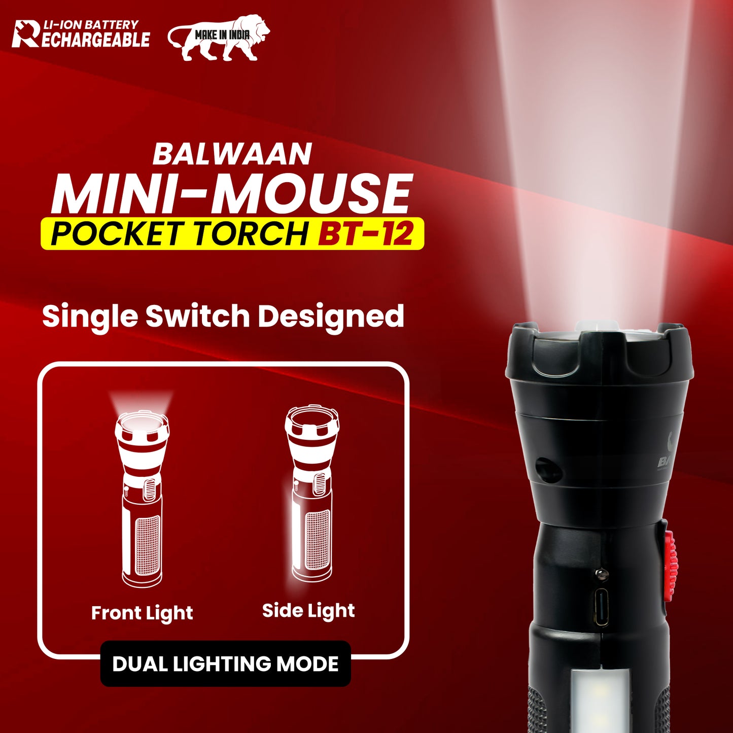 Balwaan Rechargeable BT-12 LED Search Light Torch | Type-C Charging, for Trekking, Agricultural, Outdoor Activities