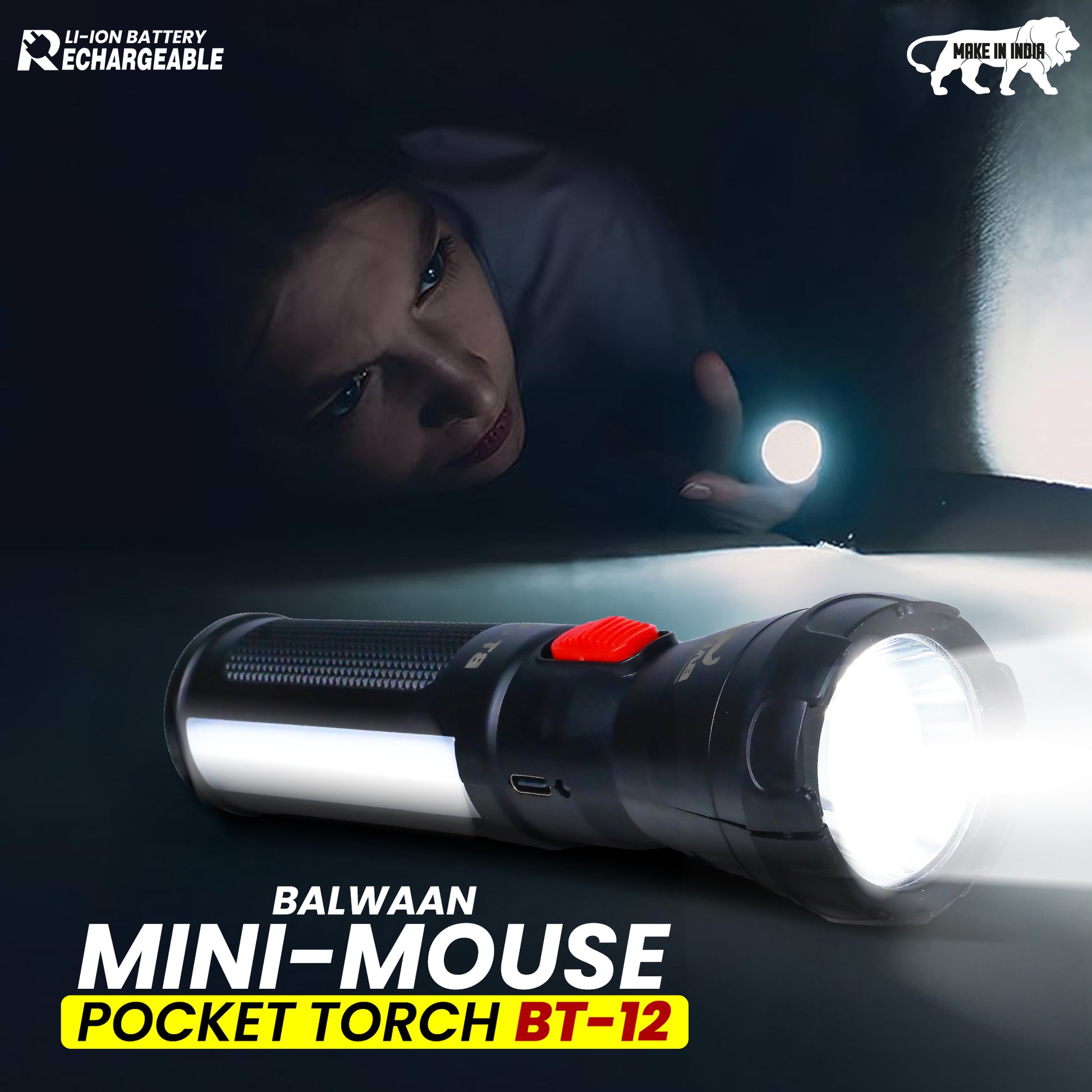 Balwaan Rechargeable BT-12 LED Search Light Torch | Type-C Charging, for Trekking, Agricultural, Outdoor Activities