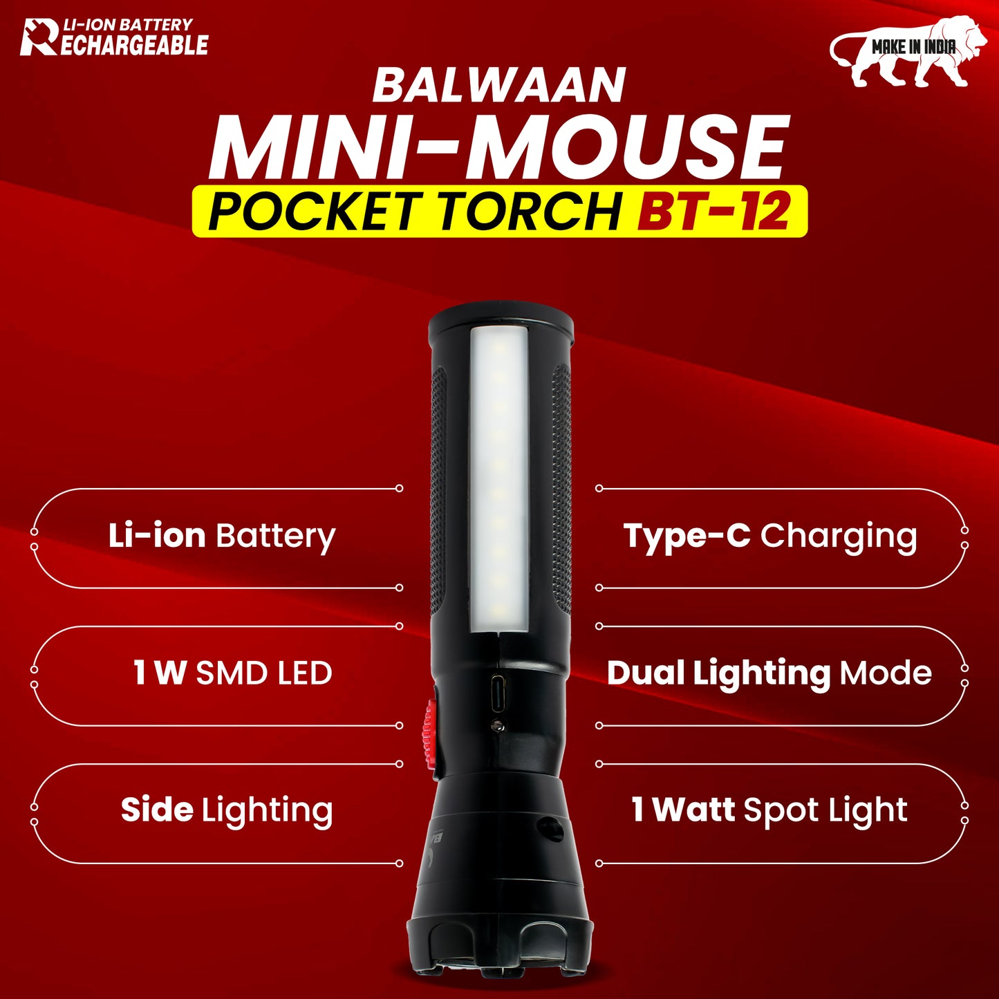 Balwaan Rechargeable BT-12 LED Search Light Torch | Type-C Charging, for Trekking, Agricultural, Outdoor Activities