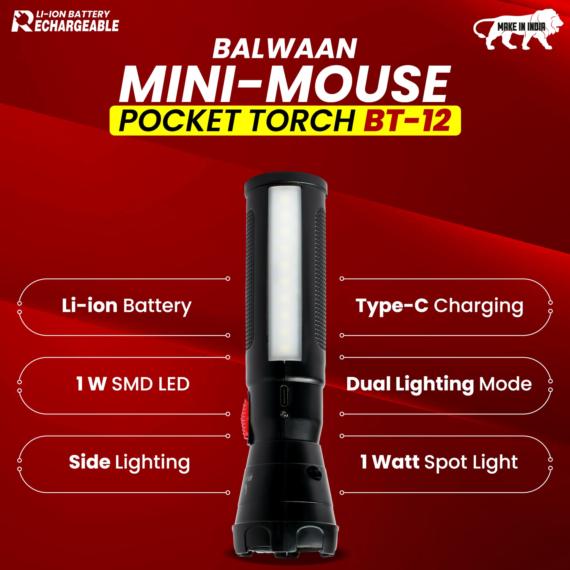 Balwaan Rechargeable BT-12 LED Search Light Torch | Type-C Charging, for Trekking, Agricultural, Outdoor Activities