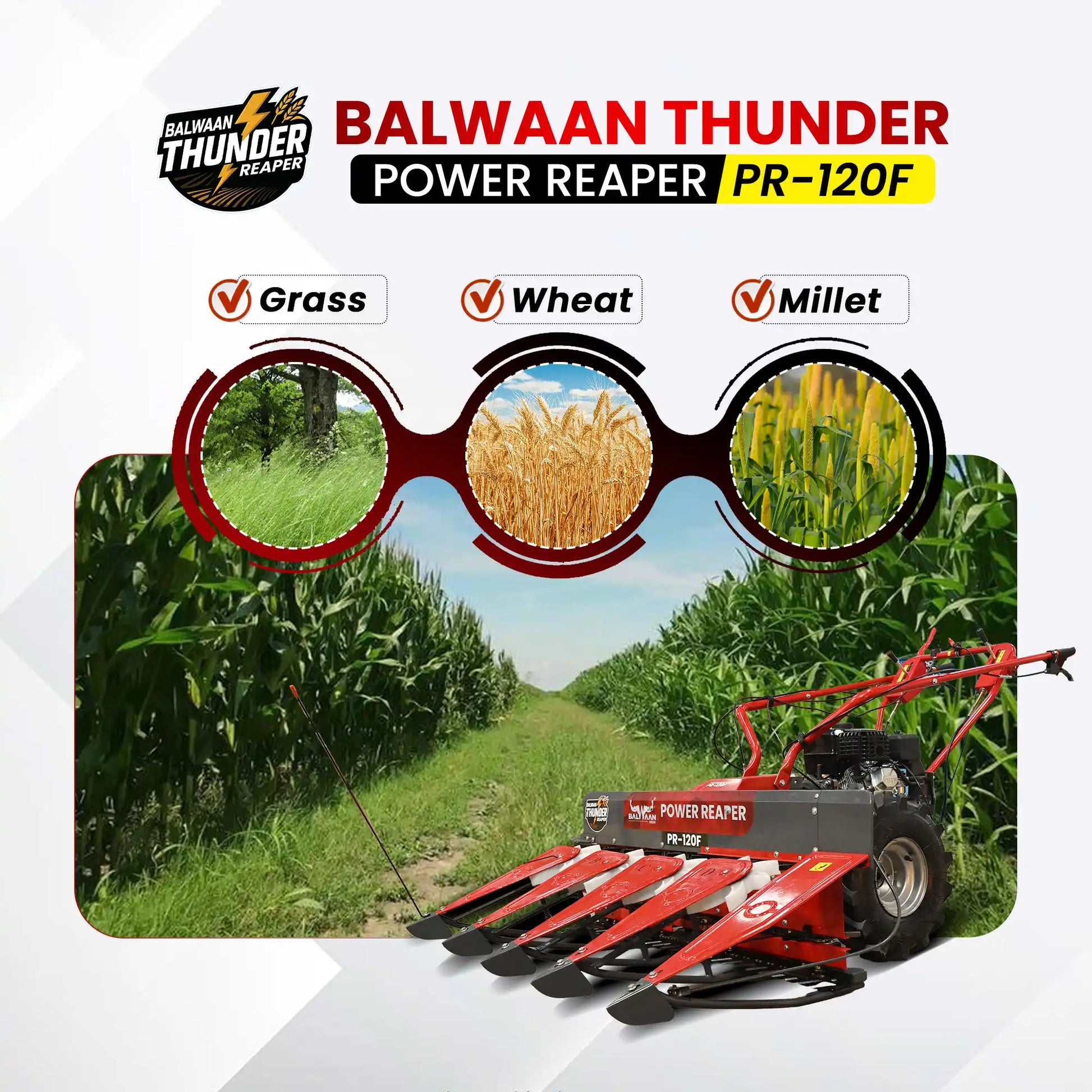 Balwaan Thunder Power Reaper PR-120F | Heavy-Duty 212cc Crop Harvester for Wheat Rice & Millet