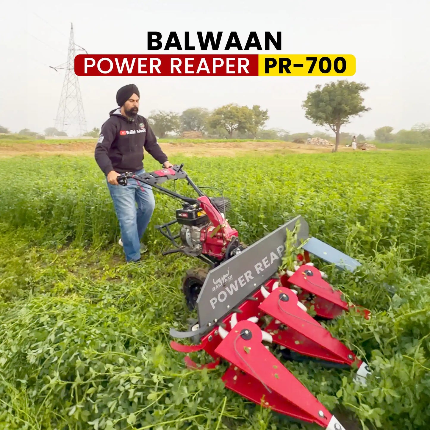 Balwaan Power Reaper PR-700 (BP-700+RA-100) | 7 HP 212cc 4-Stroke Engine | 3 Row Crop Harvester with Adjustable Handle &