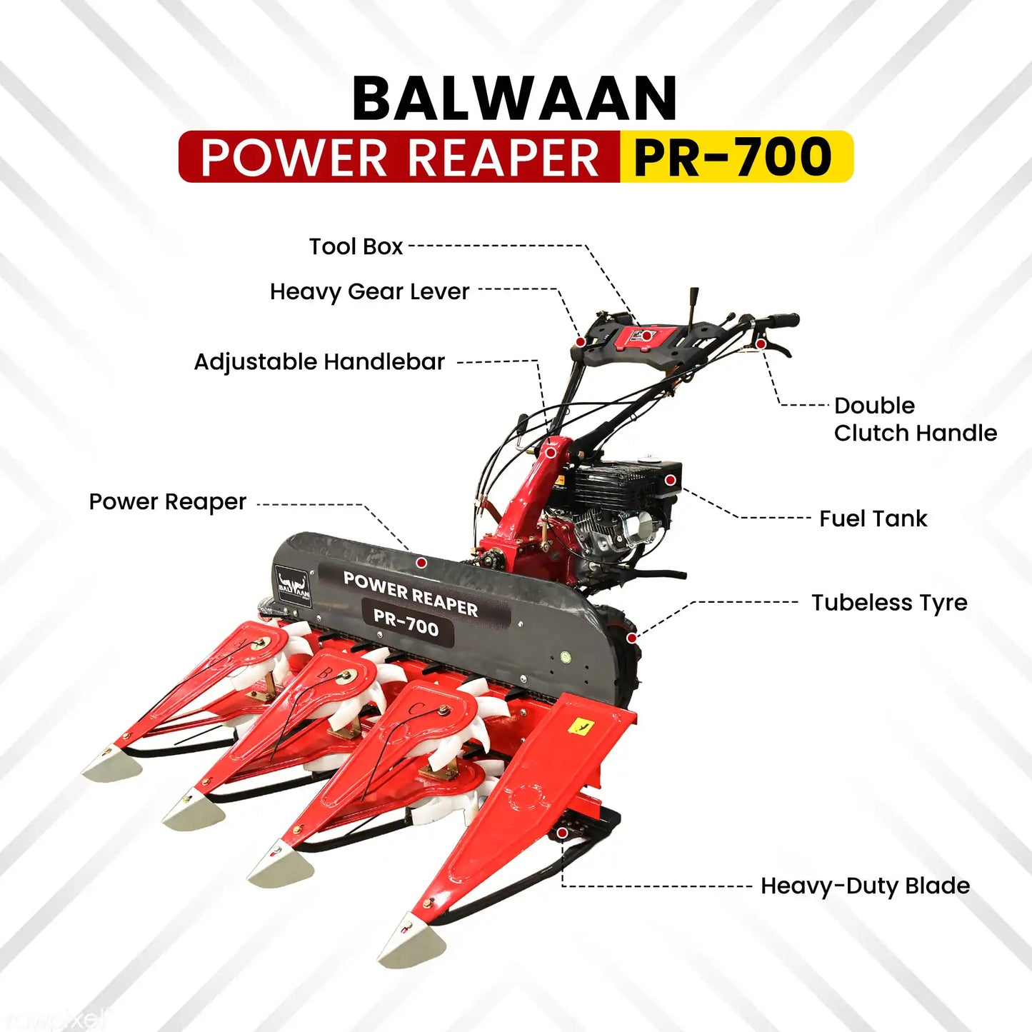 Balwaan Power Reaper PR-700 (BP-700+RA-100) | 7 HP 212cc 4-Stroke Engine | 3 Row Crop Harvester with Adjustable Handle &