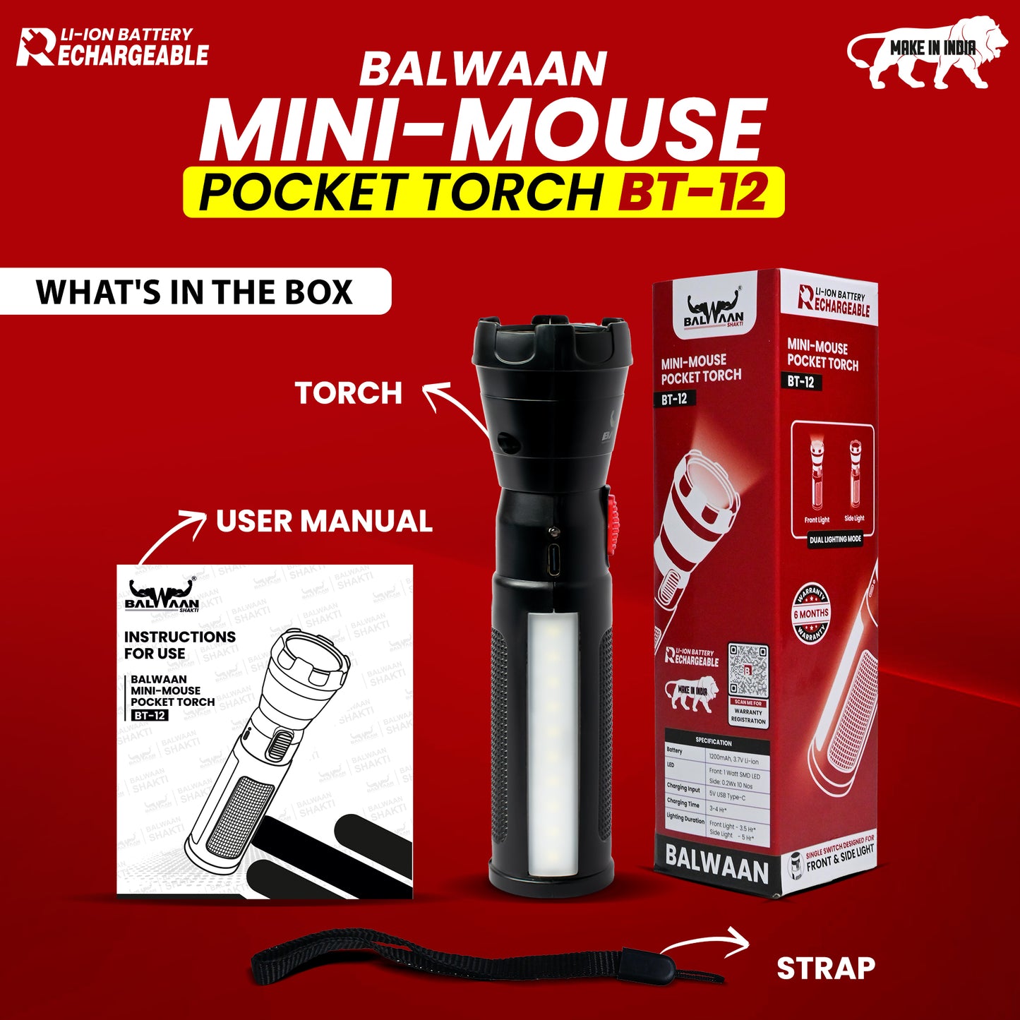 Balwaan Rechargeable BT-12 LED Search Light Torch | Type-C Charging, for Trekking, Agricultural, Outdoor Activities