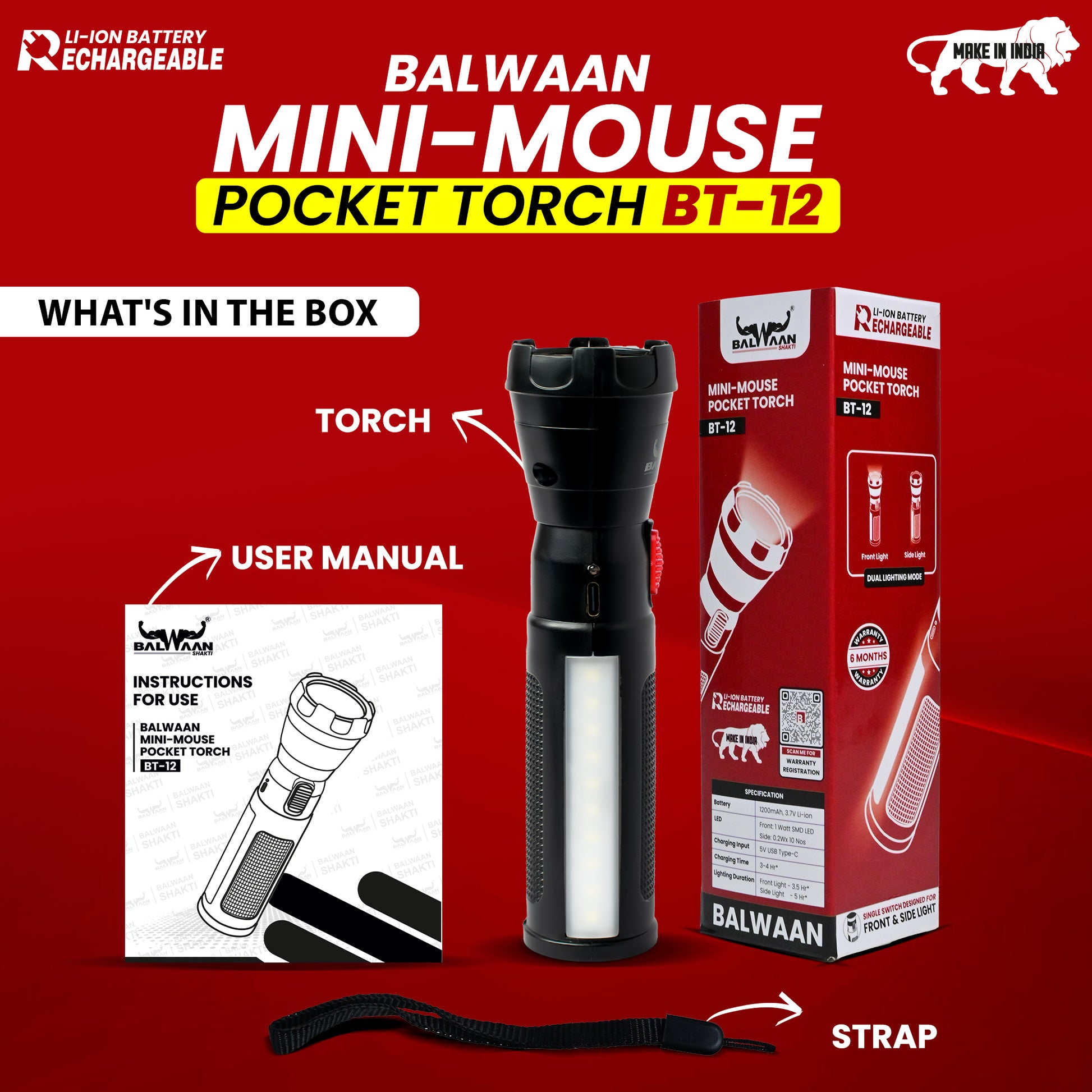 Balwaan Rechargeable BT-12 LED Search Light Torch | Type-C Charging, for Trekking, Agricultural, Outdoor Activities