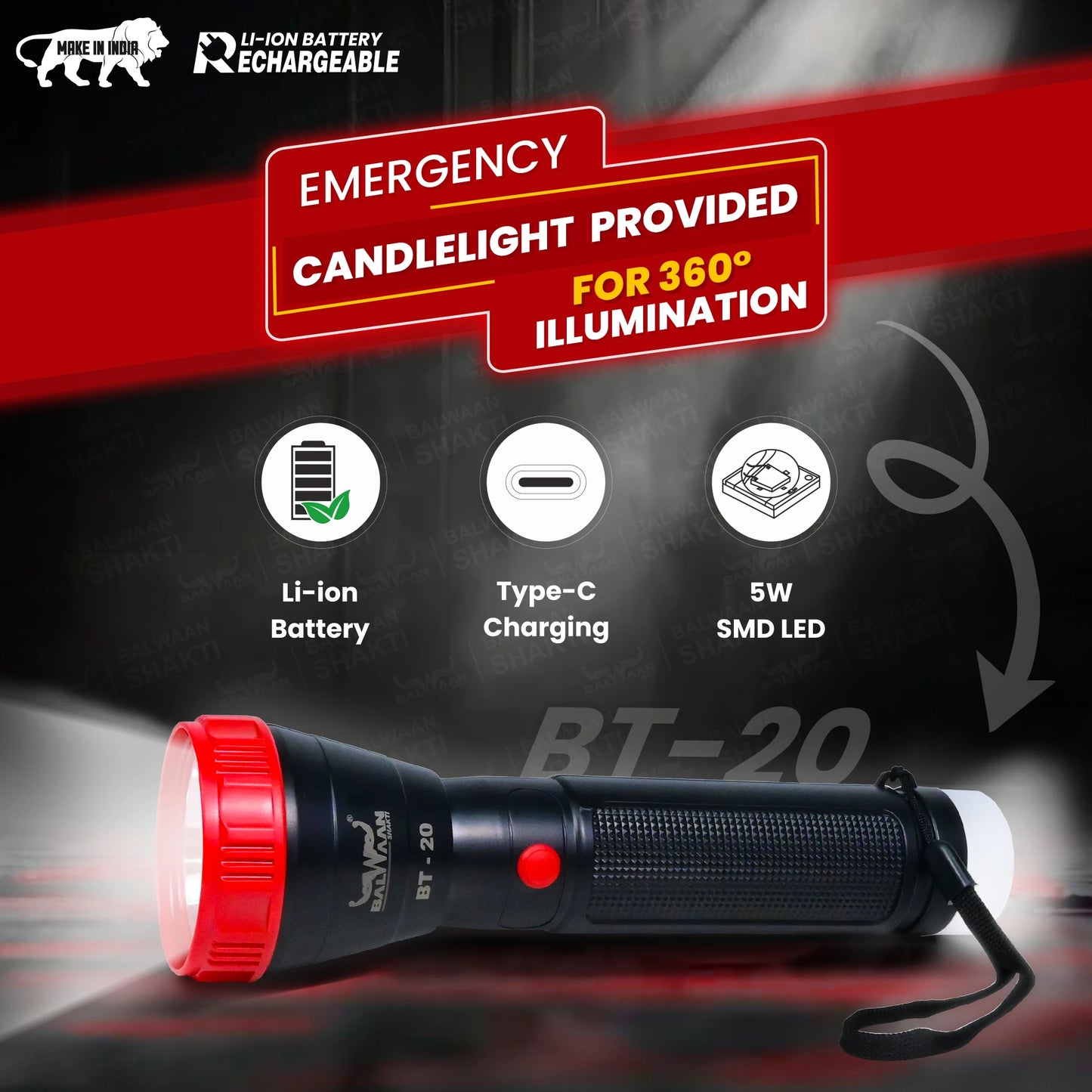 Balwaan Rechargeable BT-20 LED Search Light Torch  | Candle Light | Best for Trekking, Agricultural, Outdoor Activities