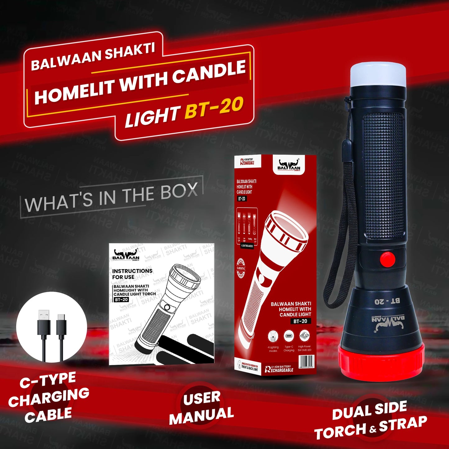Balwaan Rechargeable BT-20 LED Search Light Torch  | Candle Light | Best for Trekking, Agricultural, Outdoor Activities