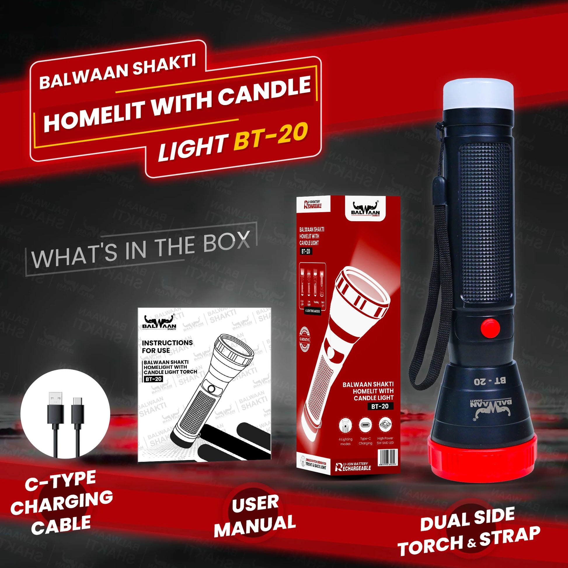 Balwaan Rechargeable BT-20 LED Search Light Torch  | Candle Light | Best for Trekking, Agricultural, Outdoor Activities