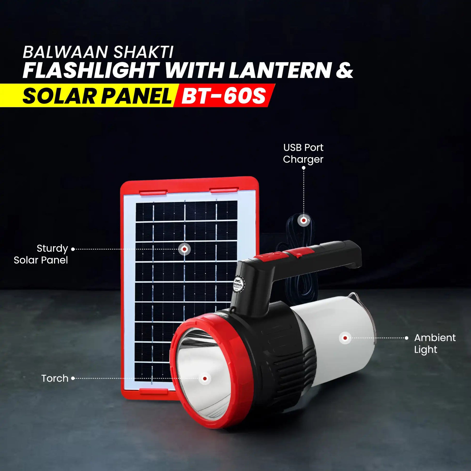 Balwaan Shakti BT-60s 2in1 Flashlight with Lantern and Solar  | 5W LED Front Beam with Type-C Charging