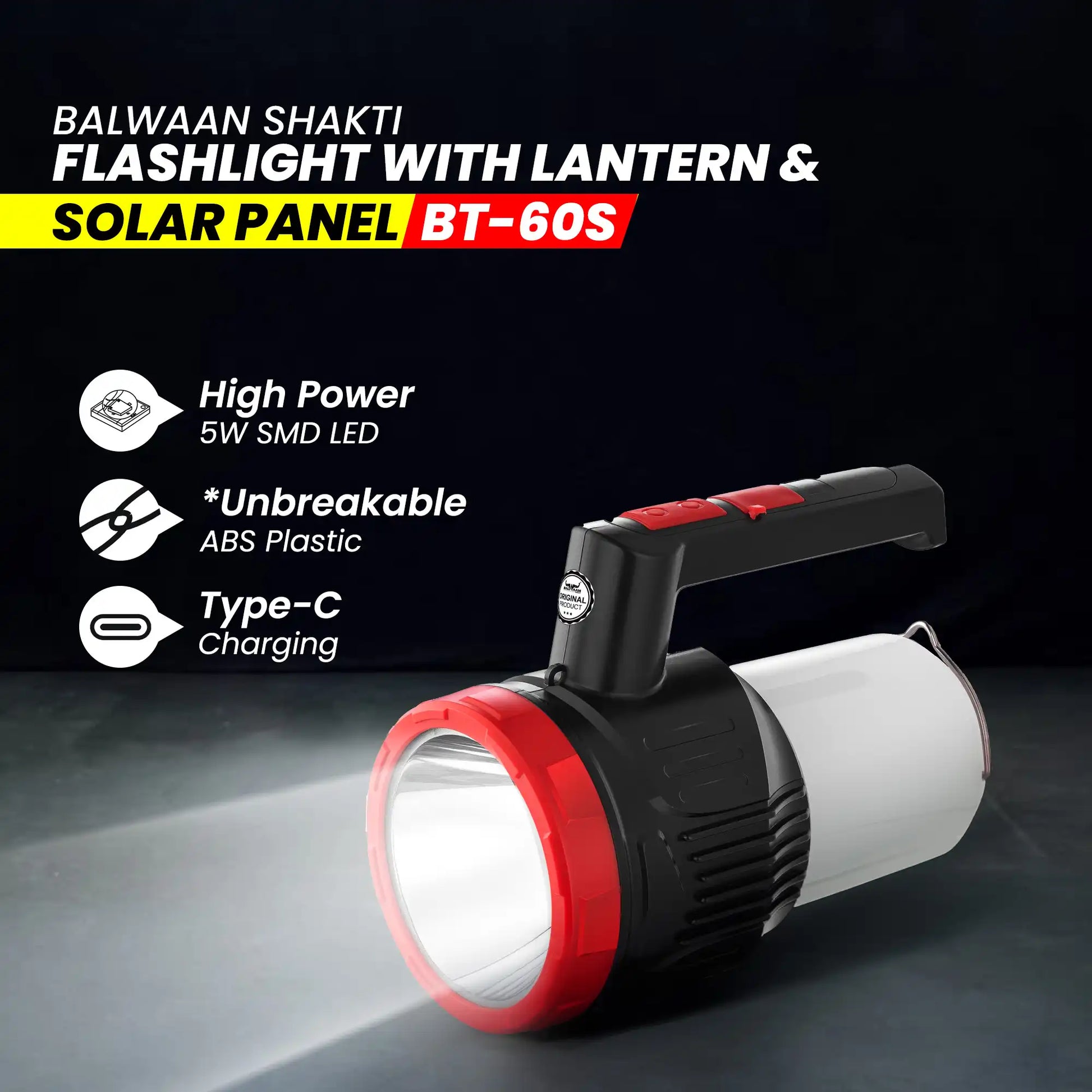 Balwaan Shakti BT-60s 2in1 Flashlight with Lantern and Solar  | 5W LED Front Beam with Type-C Charging