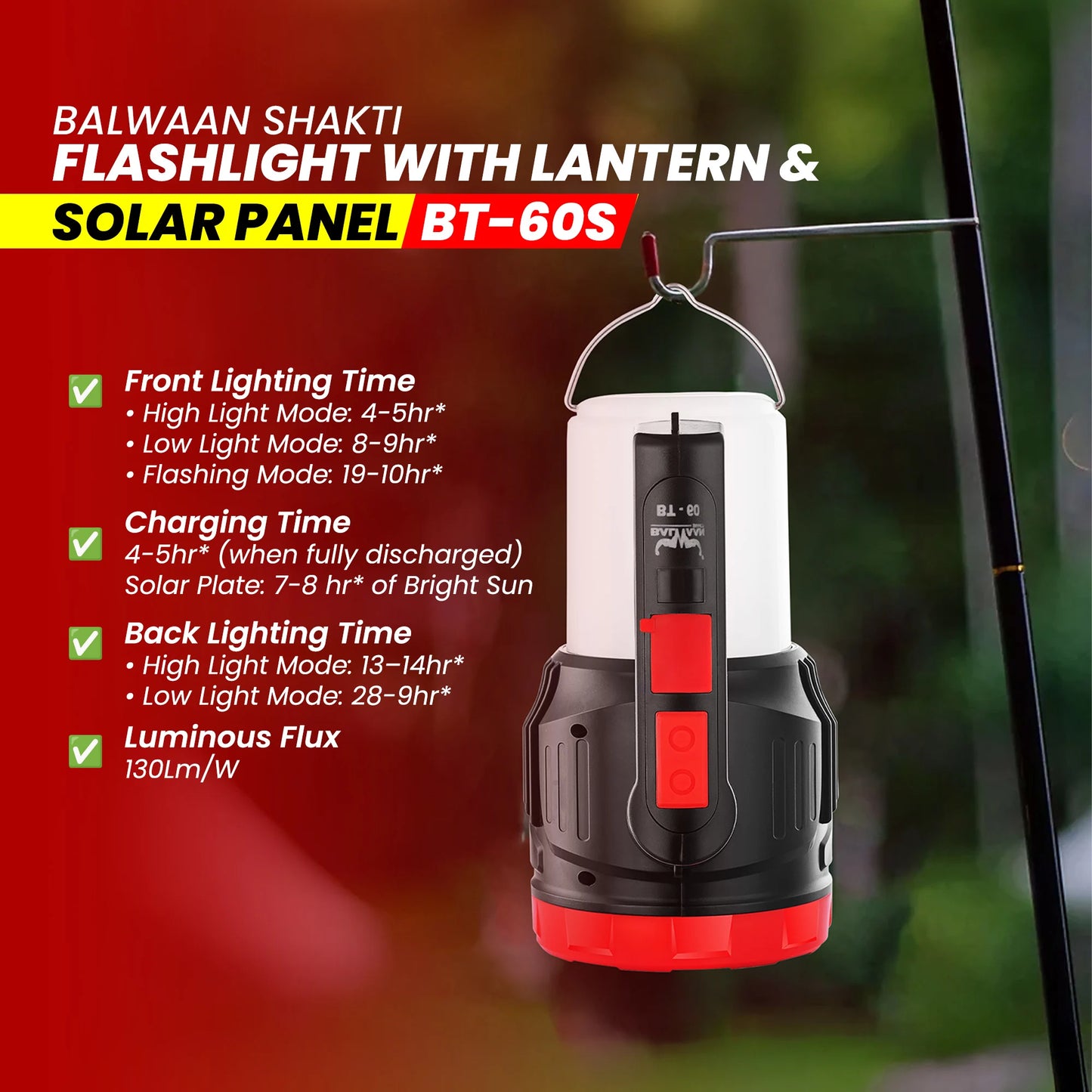 Balwaan Shakti BT-60s 2in1 Flashlight with Lantern and Solar  | 5W LED Front Beam with Type-C Charging